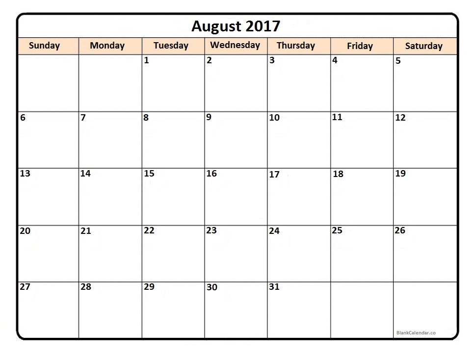 calendar aug 2017