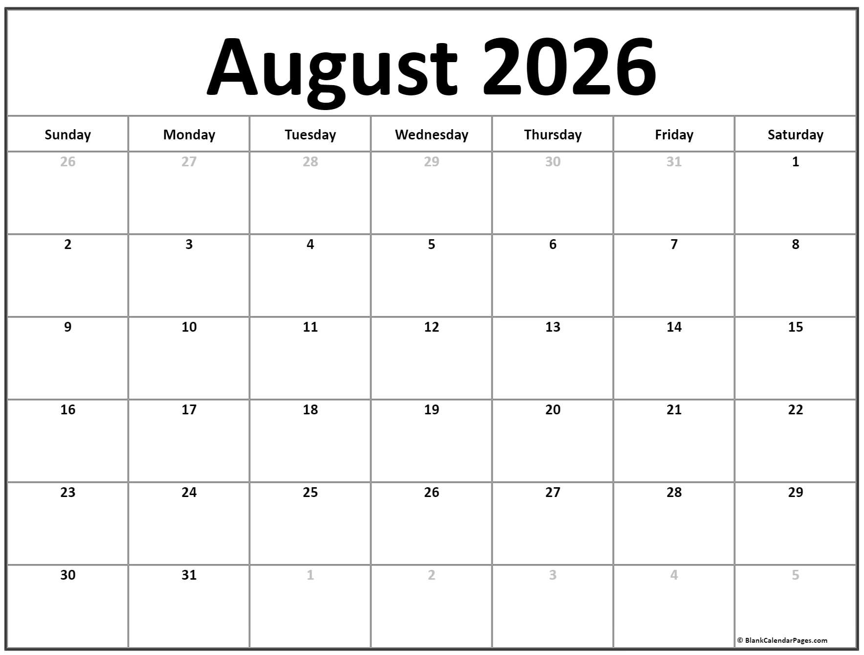 August 2026 Calendar Free Printable Calendars