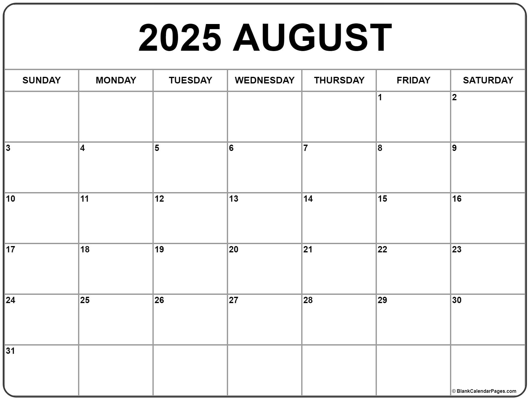 Free Printable Monthly Calendar August 2025 