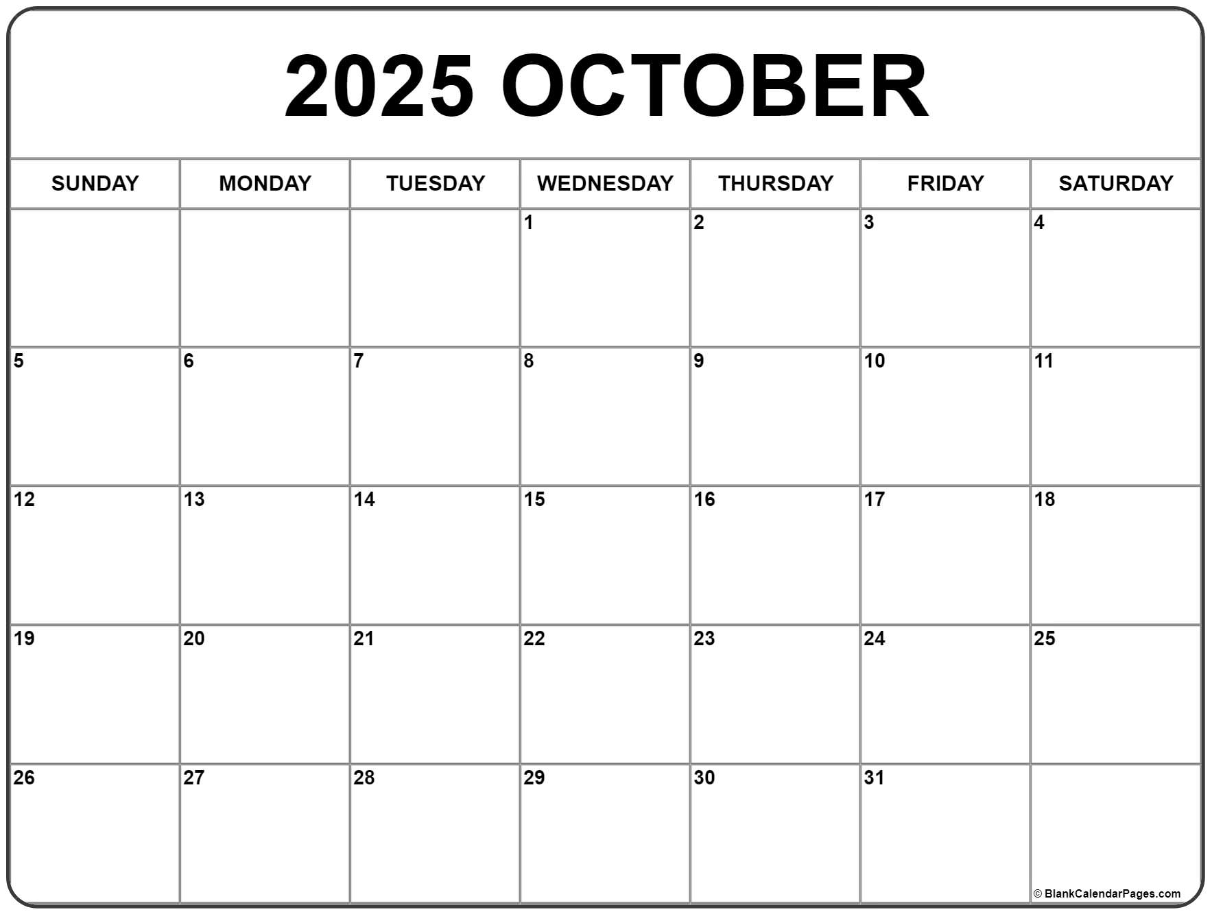 Oct 2025 Calendar Printable Free Pdf One Page