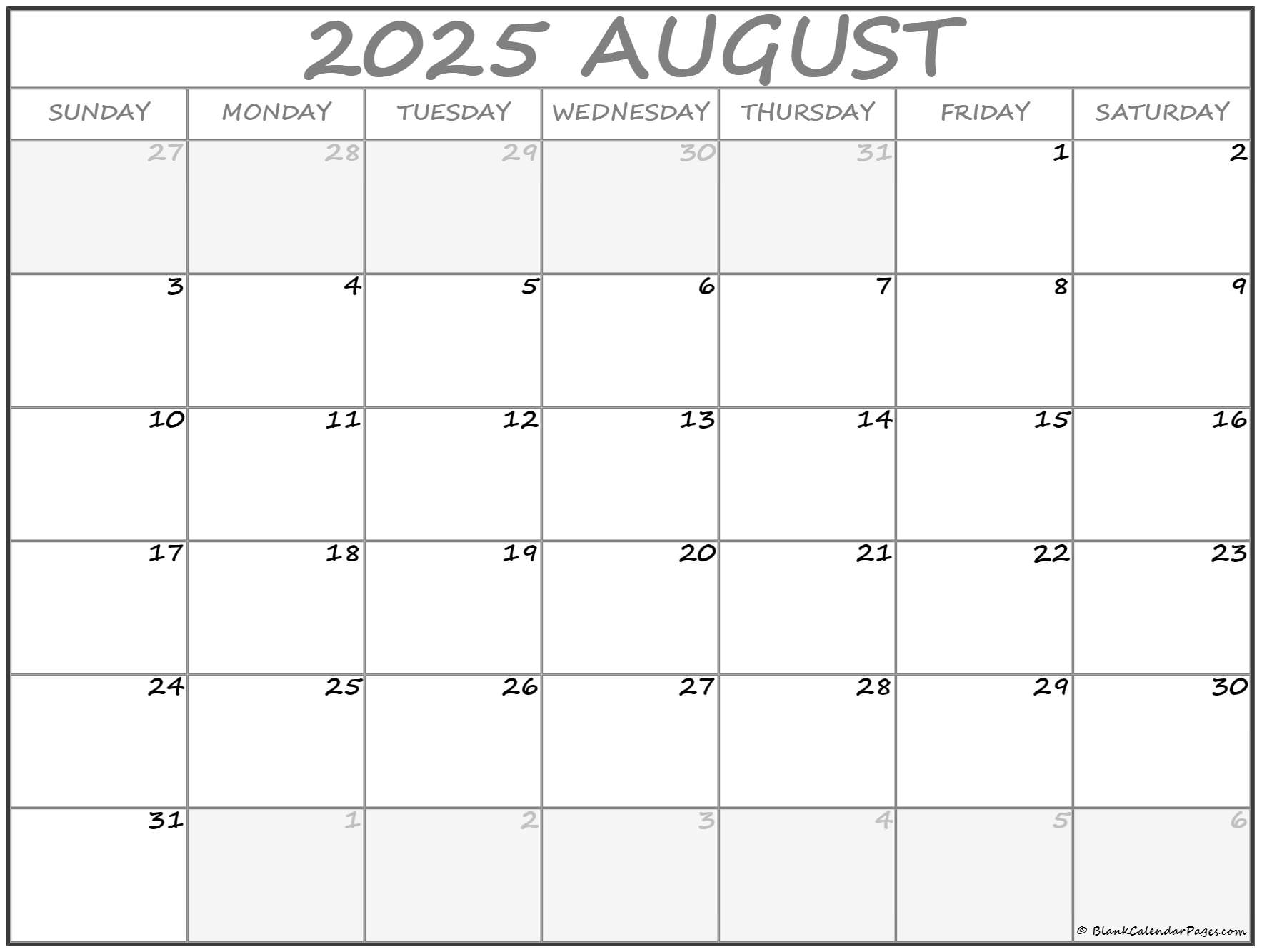 2025 August Calendar Free Printable One Page Images 