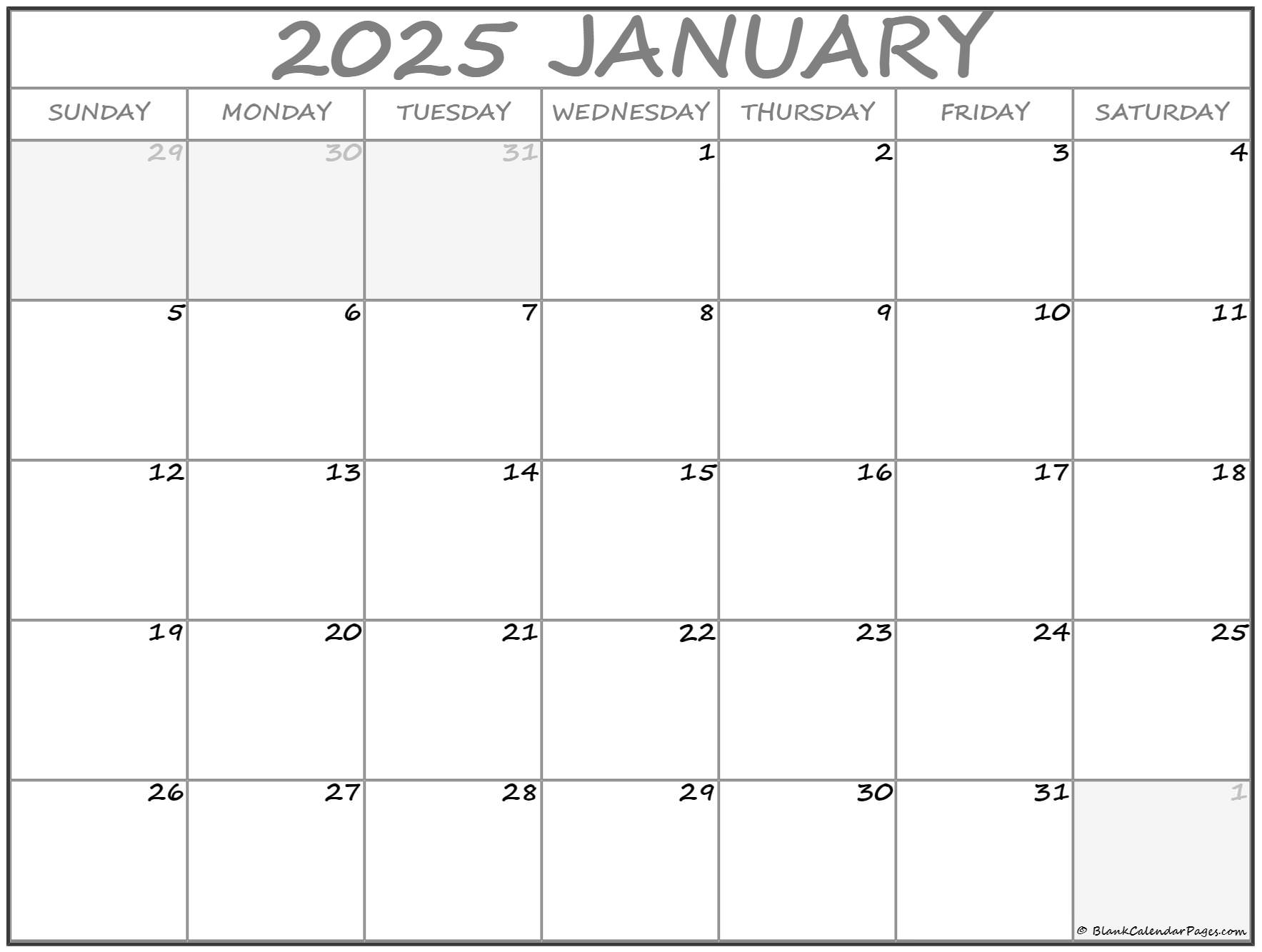 January 2025 Calendar Free Printable