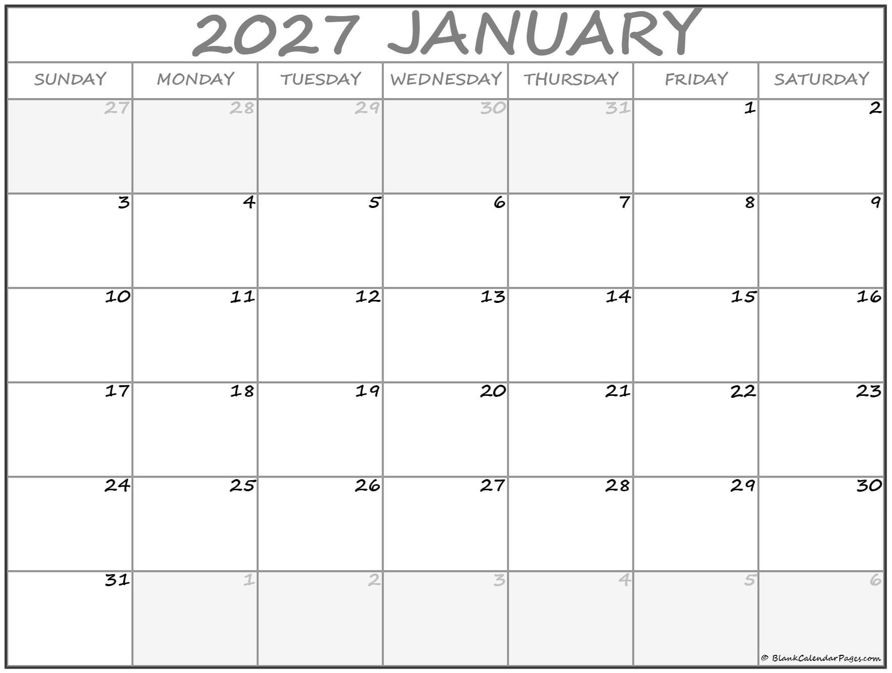 January 2027 Calendar Free Printable Calendar January 2027 Calendar Free Printable Calendar