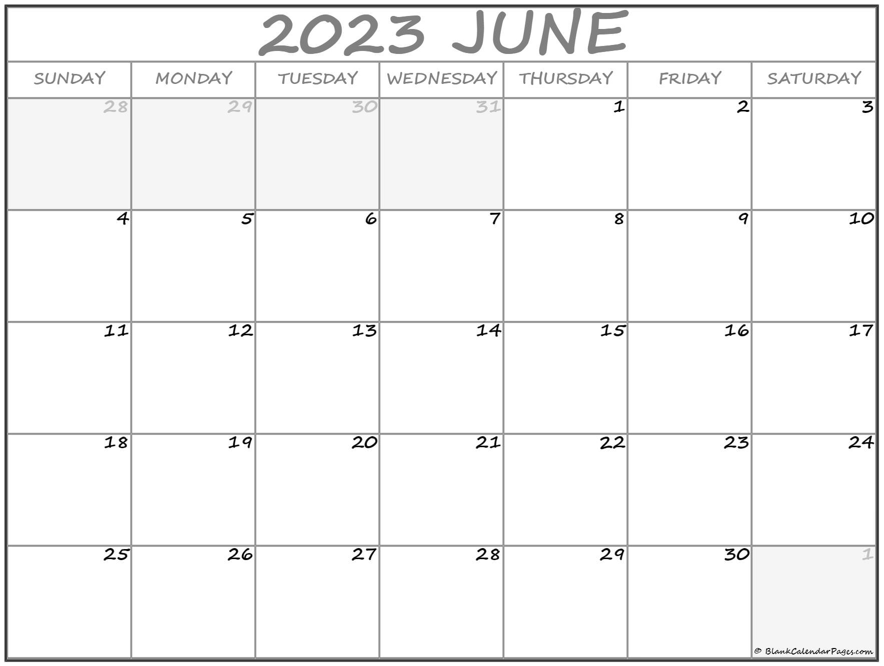 June 2023 Calendar Free Printable With Grid Lines Designed Horizontal Blank Calendar Printable