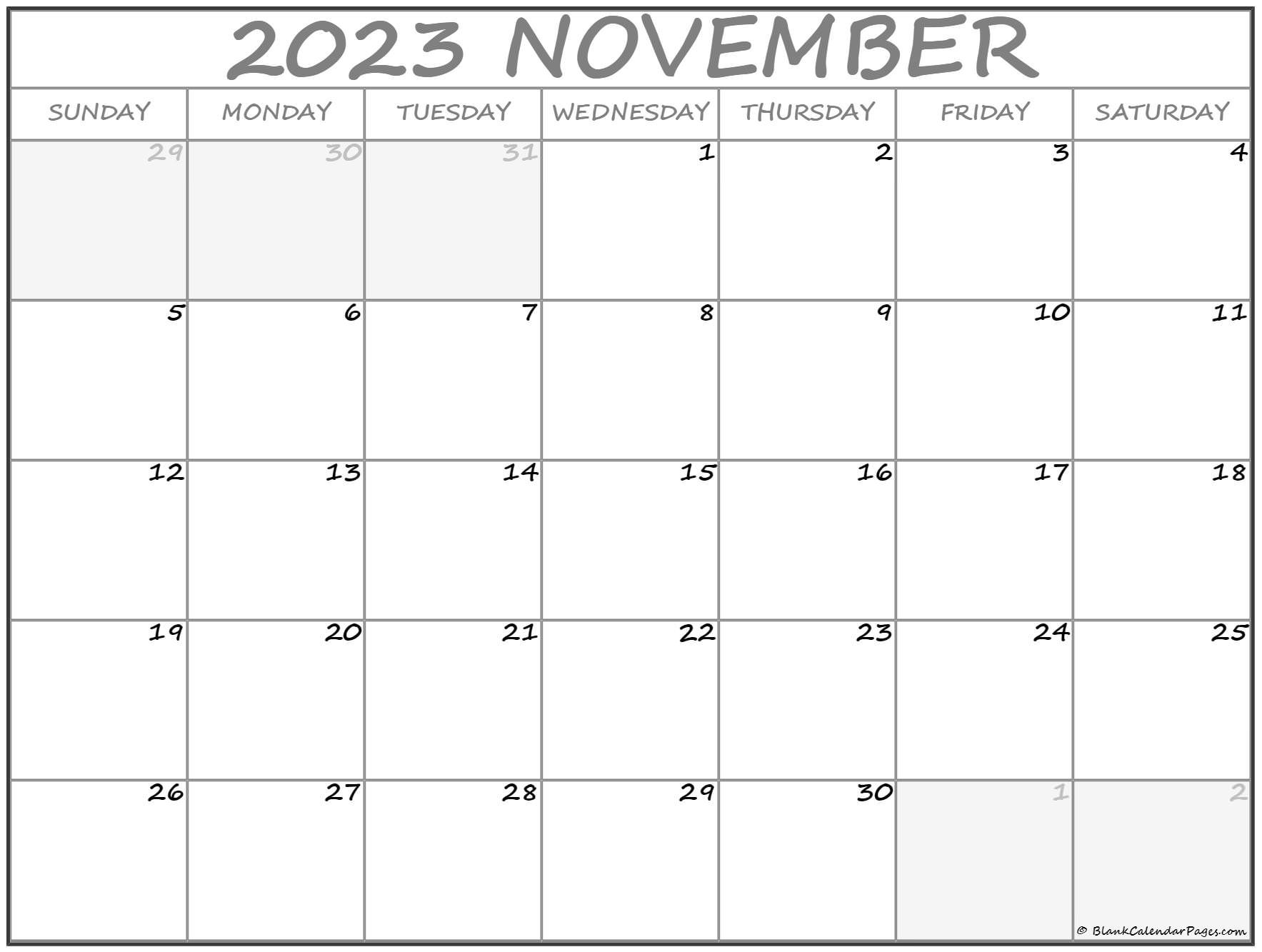 Nov 2023 Calendar Free Printable