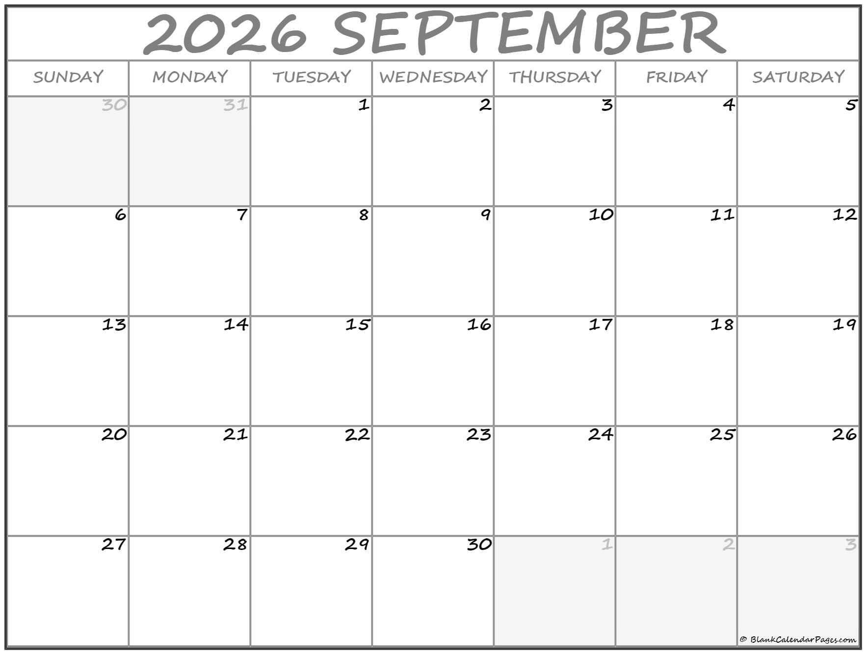 September 2026 Calendar Free Printable Calendar September 2026 Calendar Free Printable Calendar