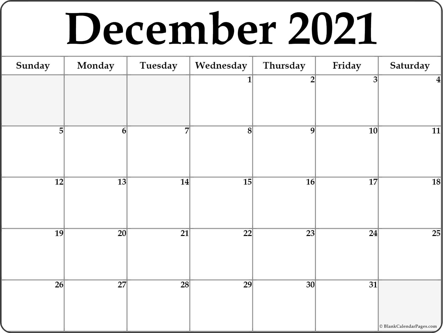 December 2021 blank calendar templates.