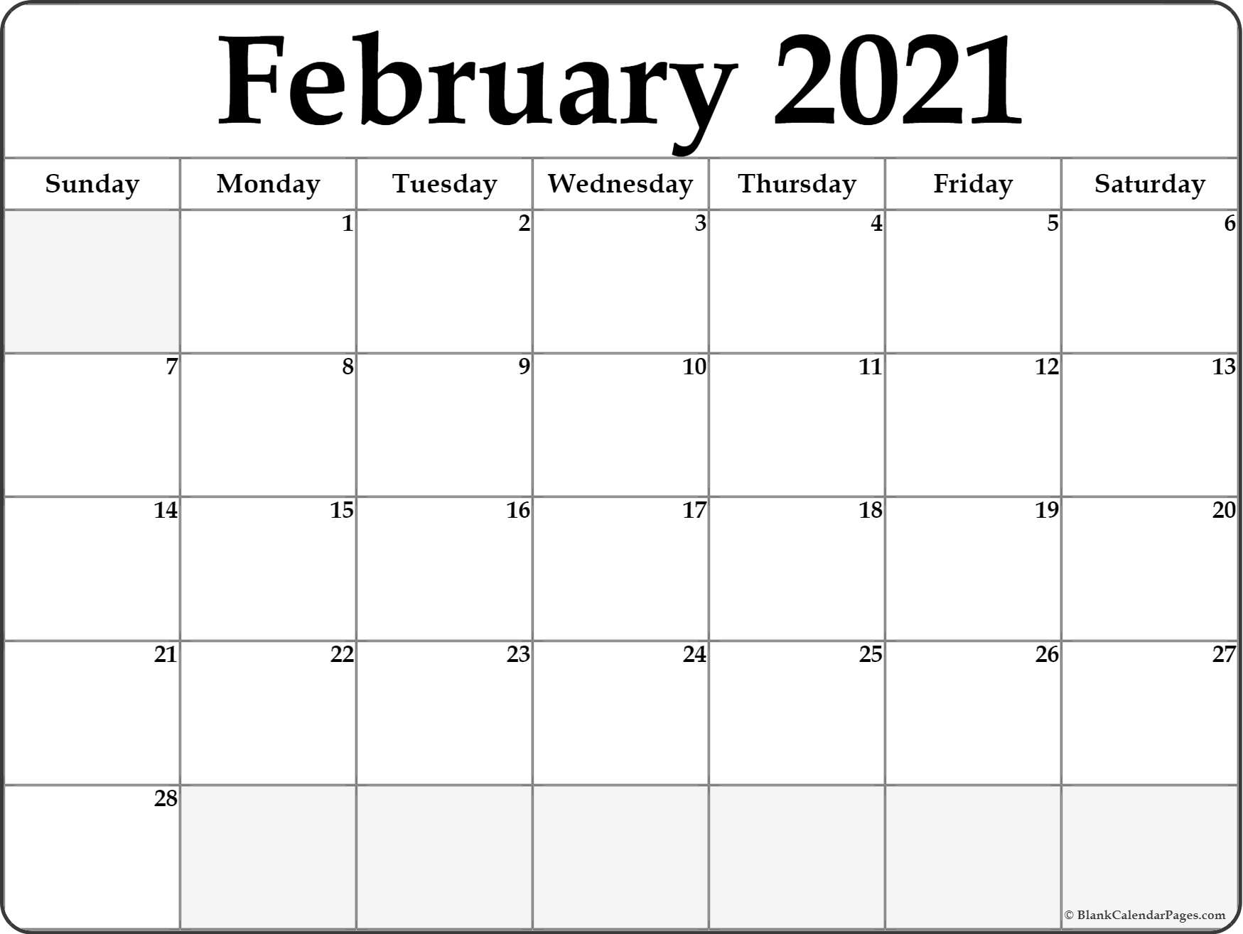 February 2021 blank calendar templates.