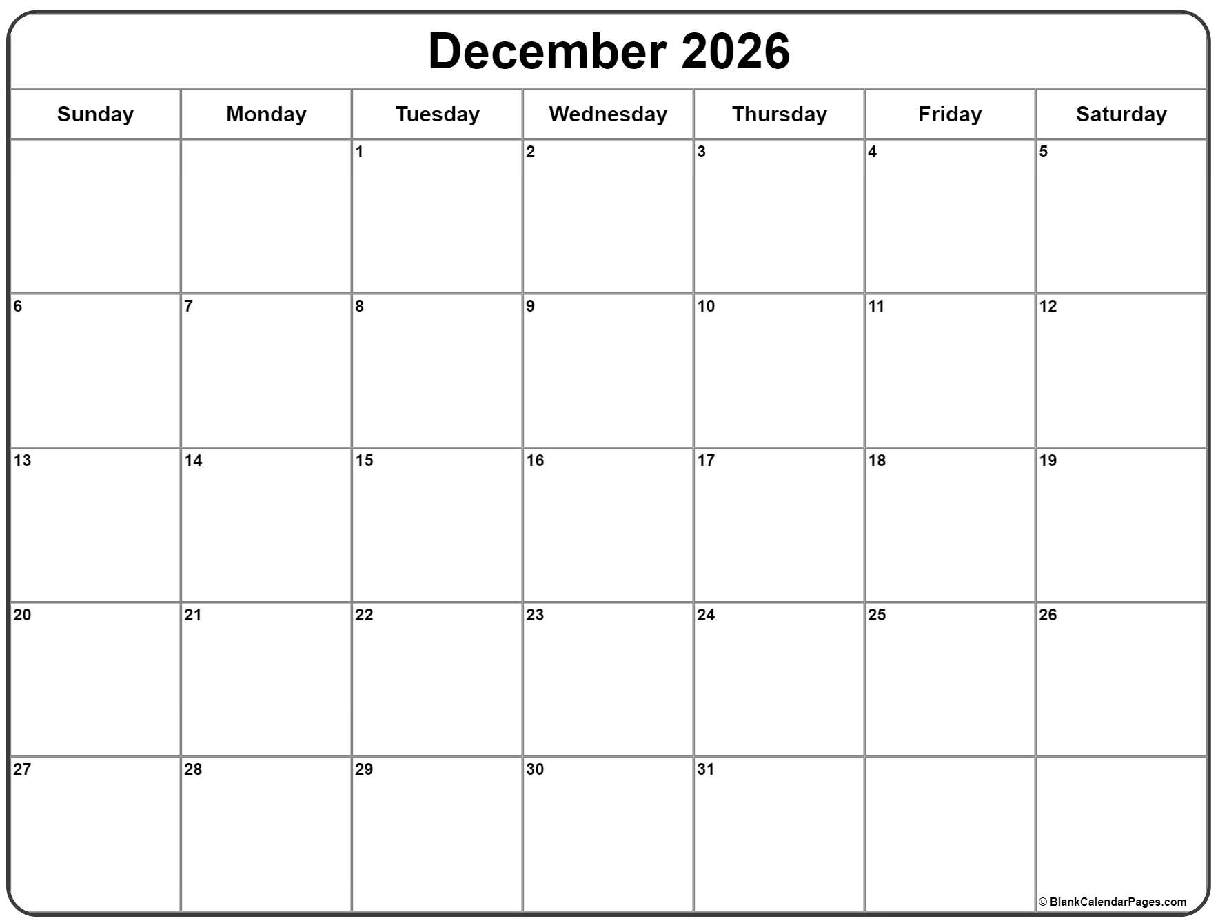 December 2026 Calendar Free Printable Calendar