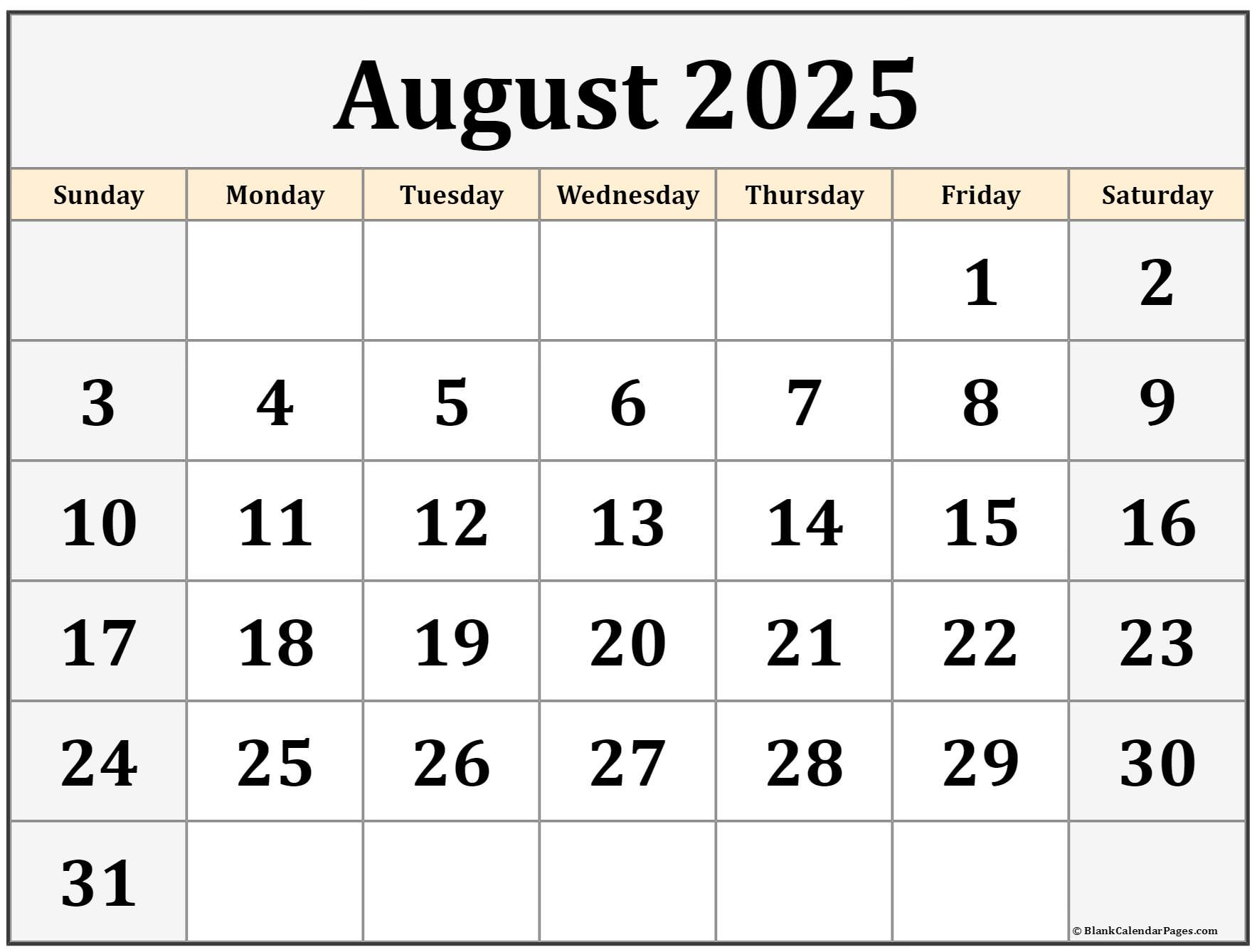 August 2025 Calendar To Print 