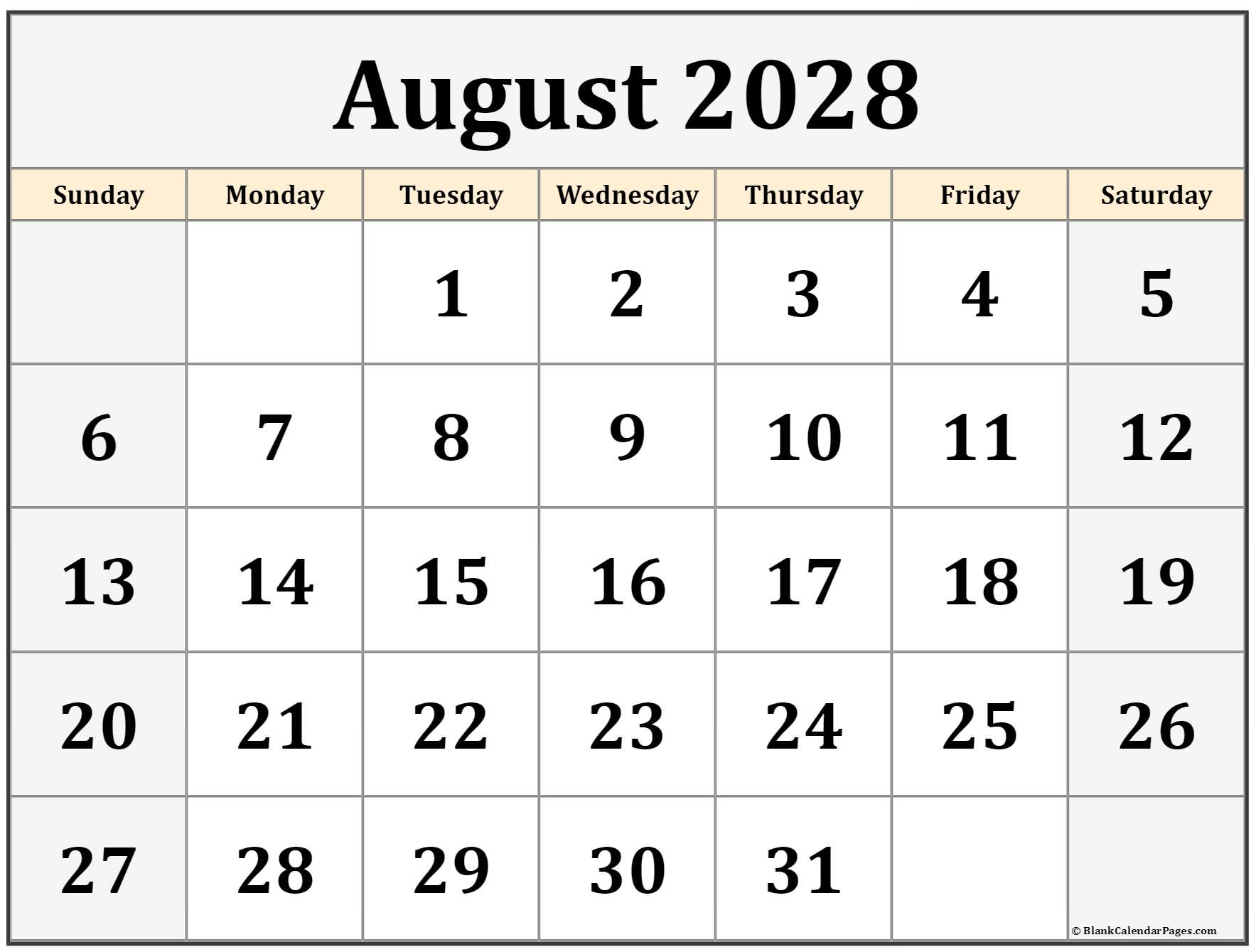 August 2028 monthly printable calendar