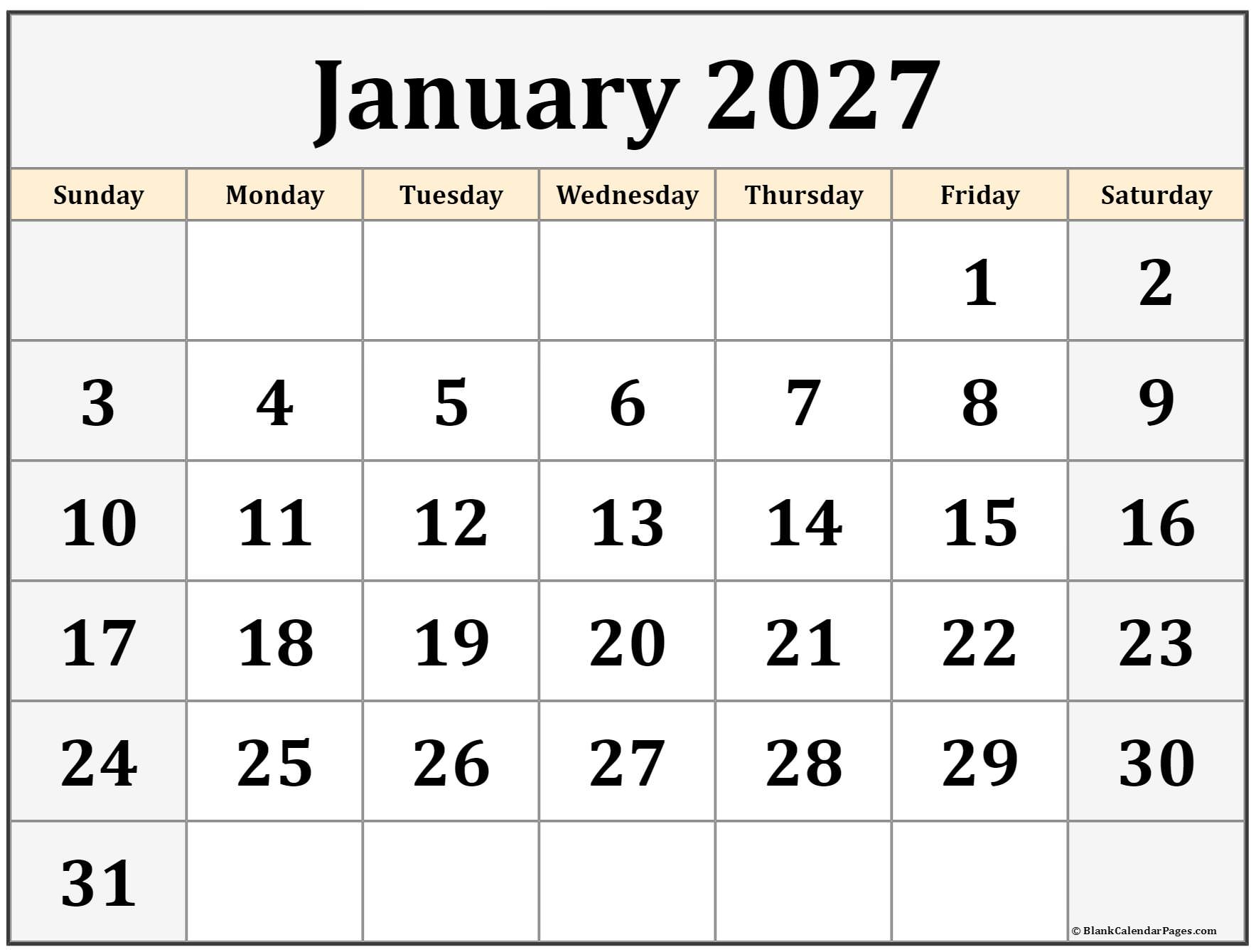 Printable January 2027 Calendar Ready To Use