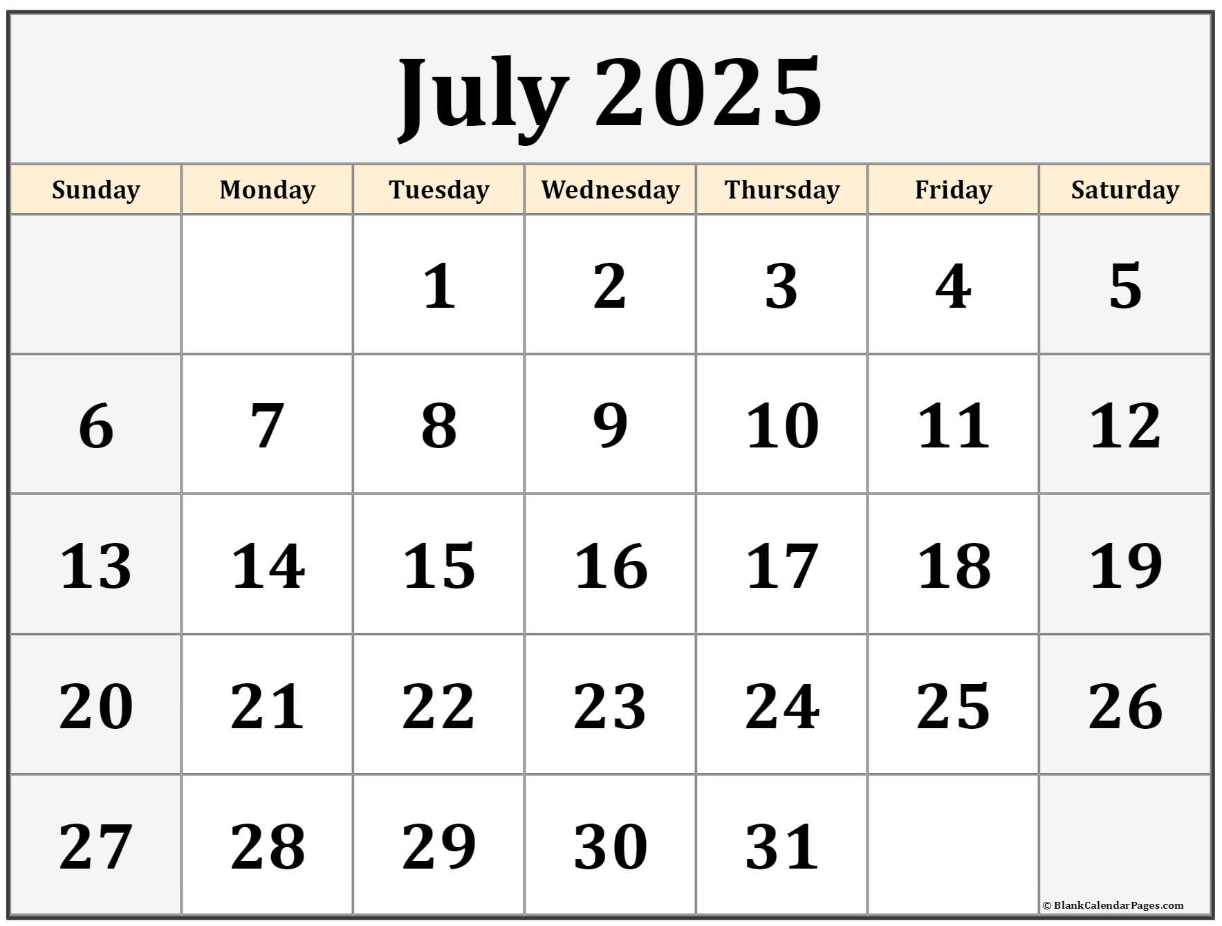 July 2025 Calendar Month Printable Free Pdf