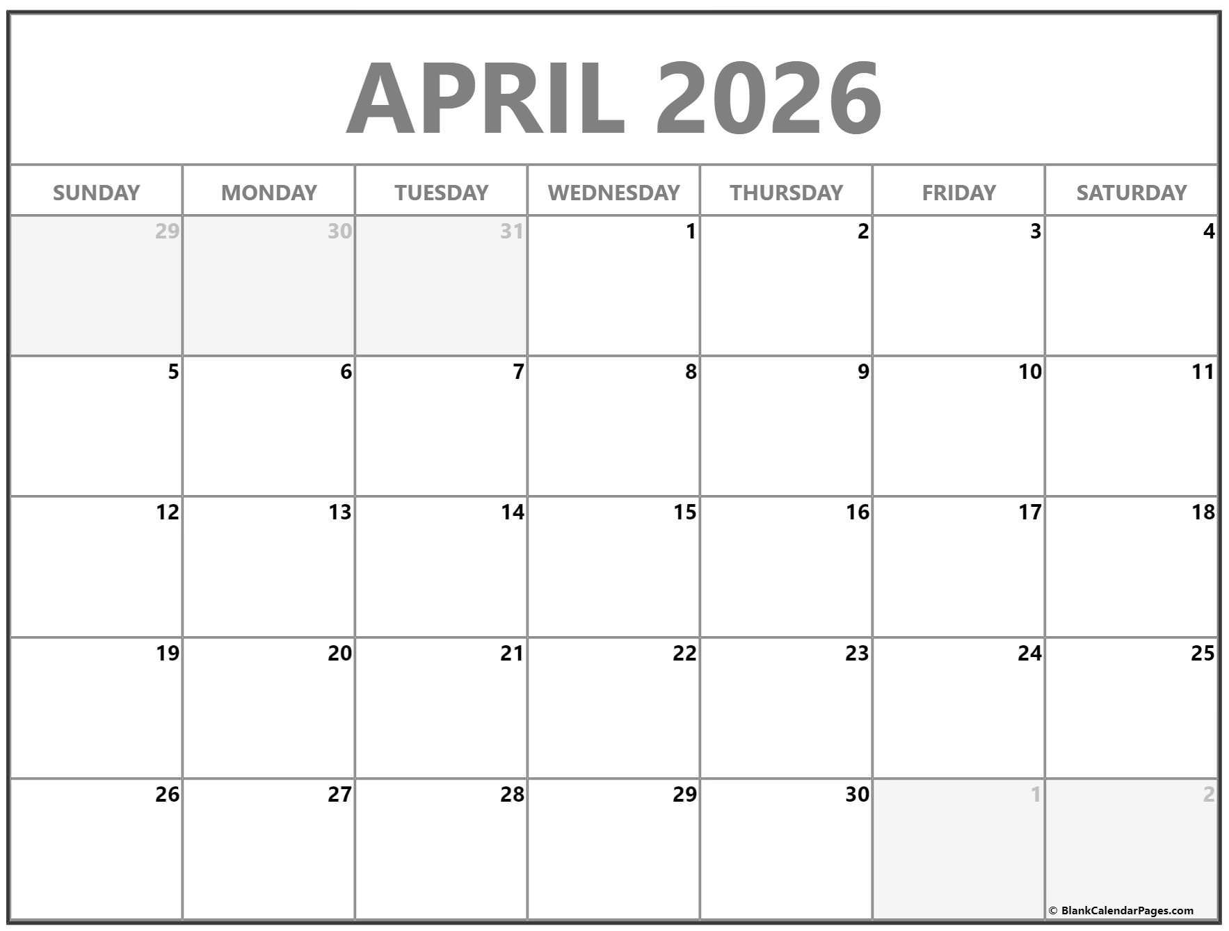 April 2026 Calendar Free Printable Calendars
