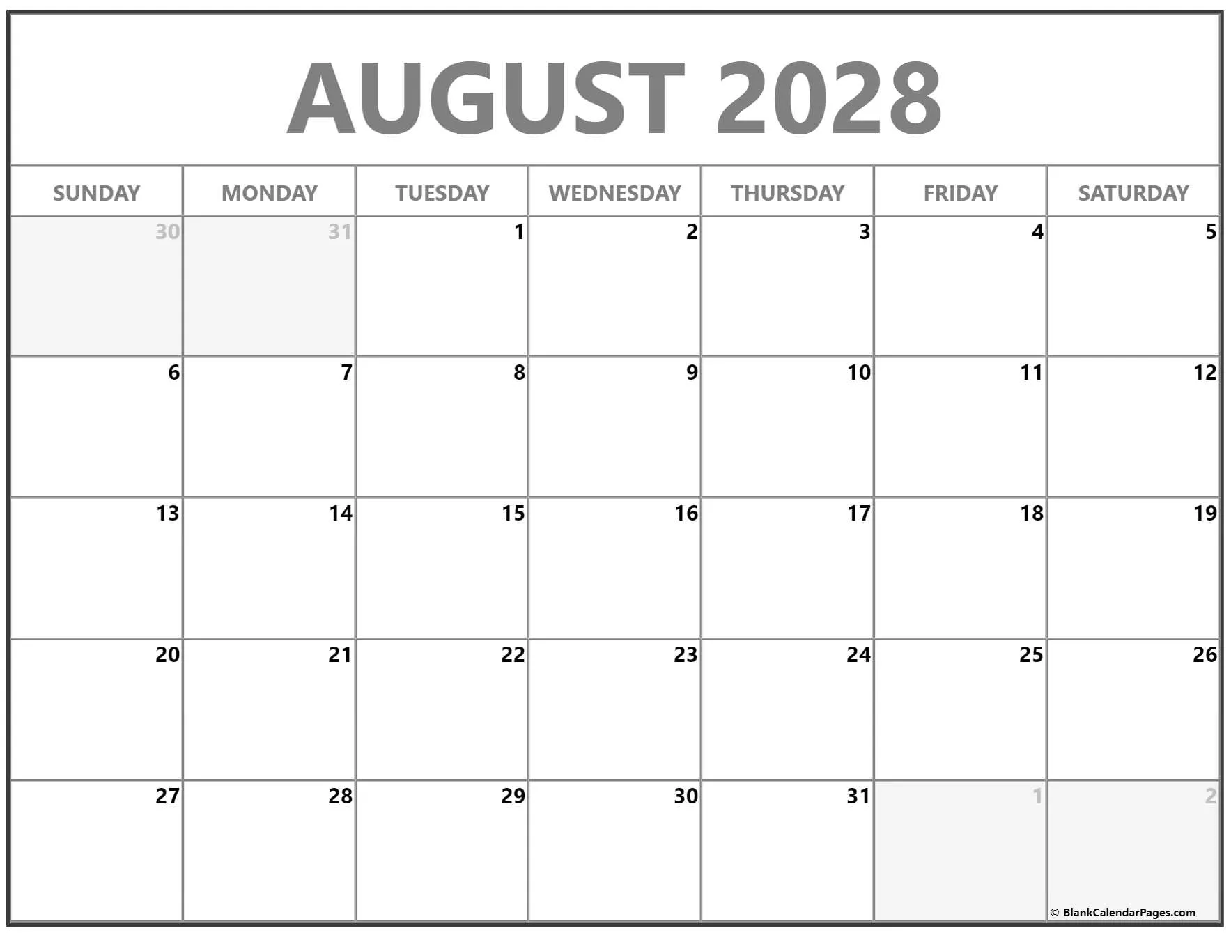 Blank calendar for August 2028