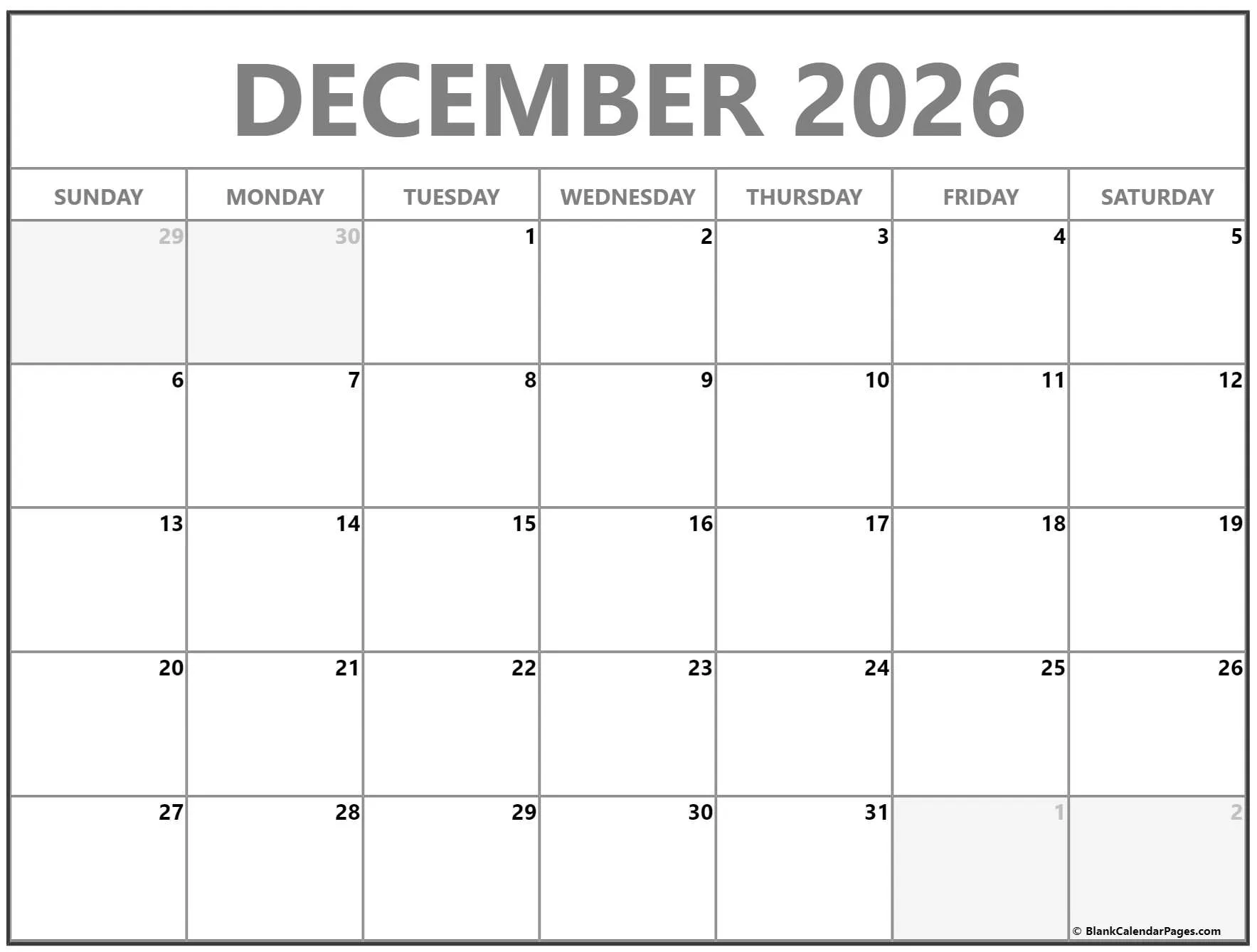 Printable Monthly Calendar 2026 Free Print Template