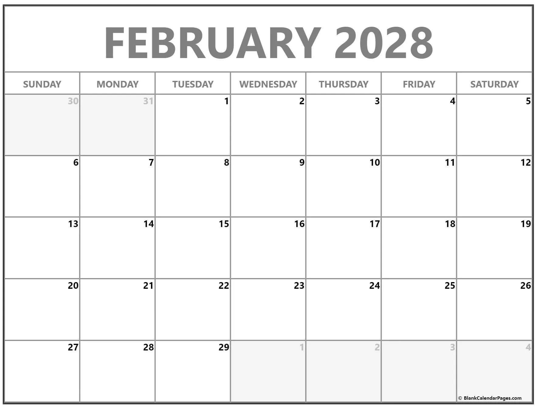 Blank calendar for February 2028