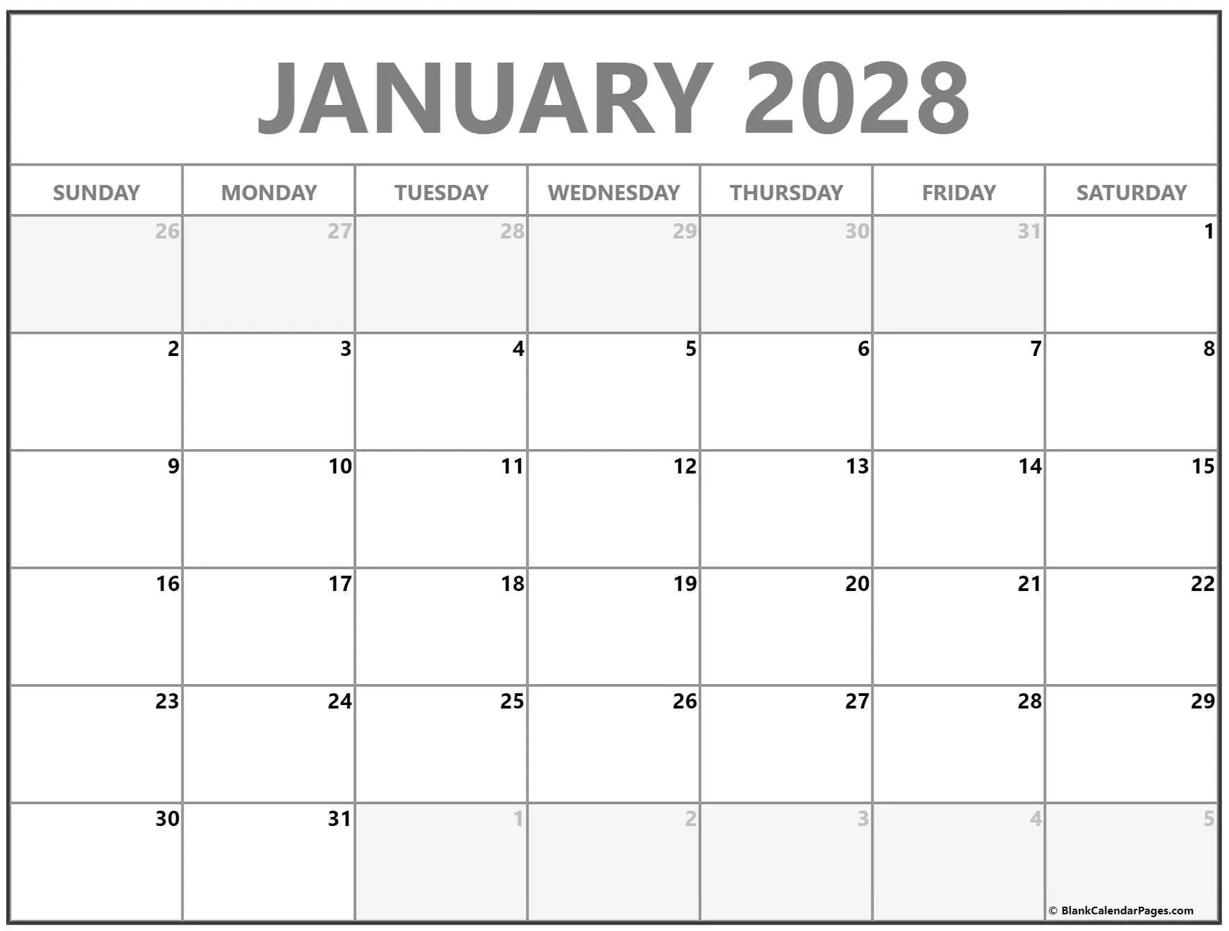 Blank calendar for January 2028