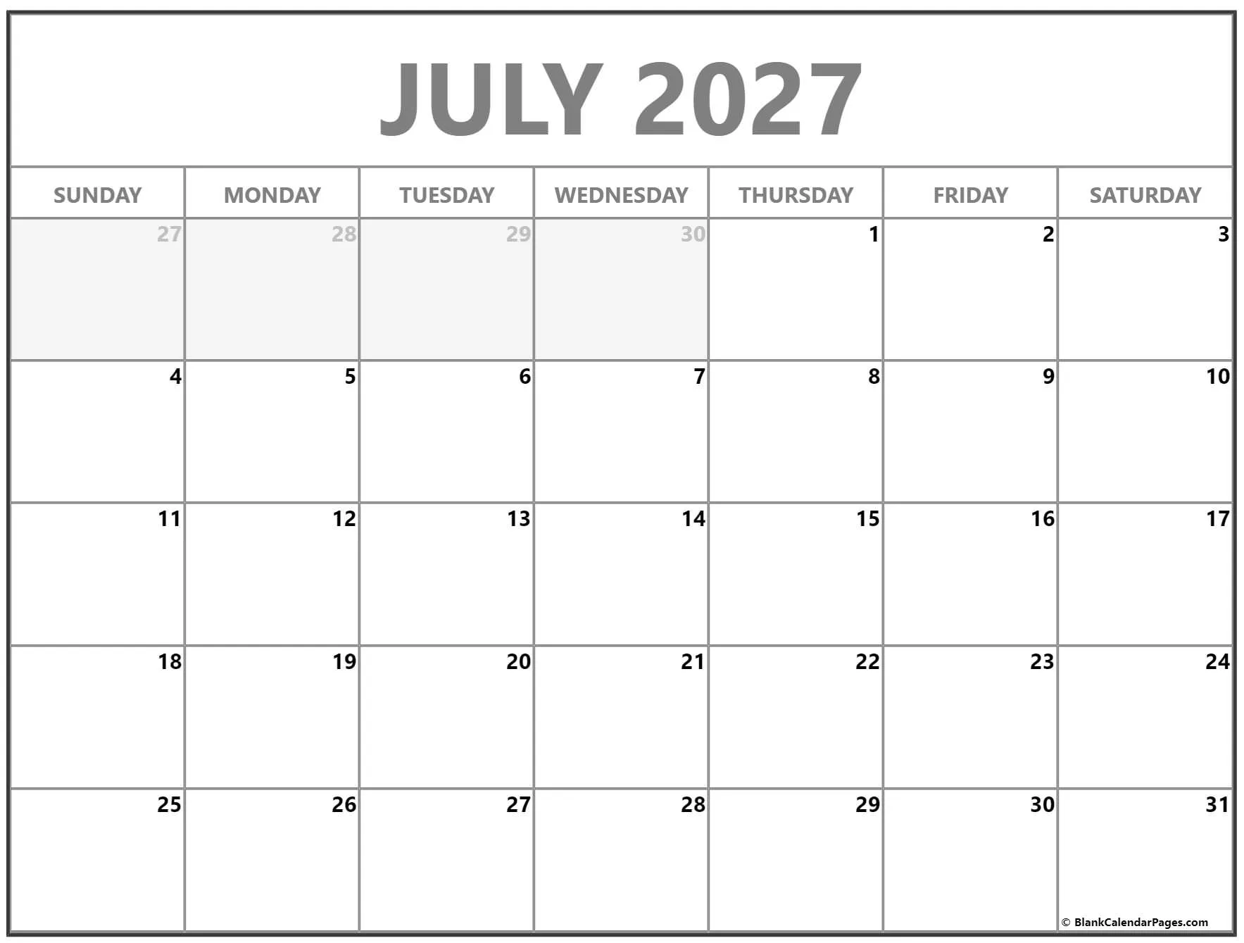 Blank calendar for July 2027