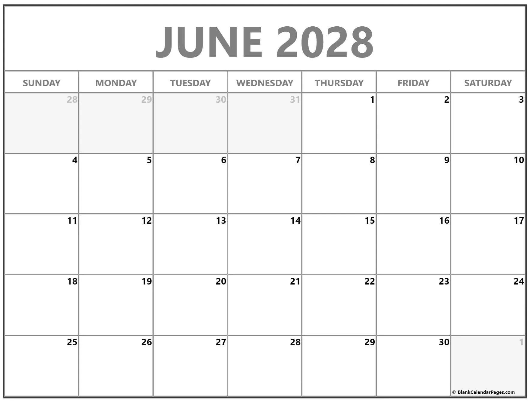 Blank calendar for June 2028