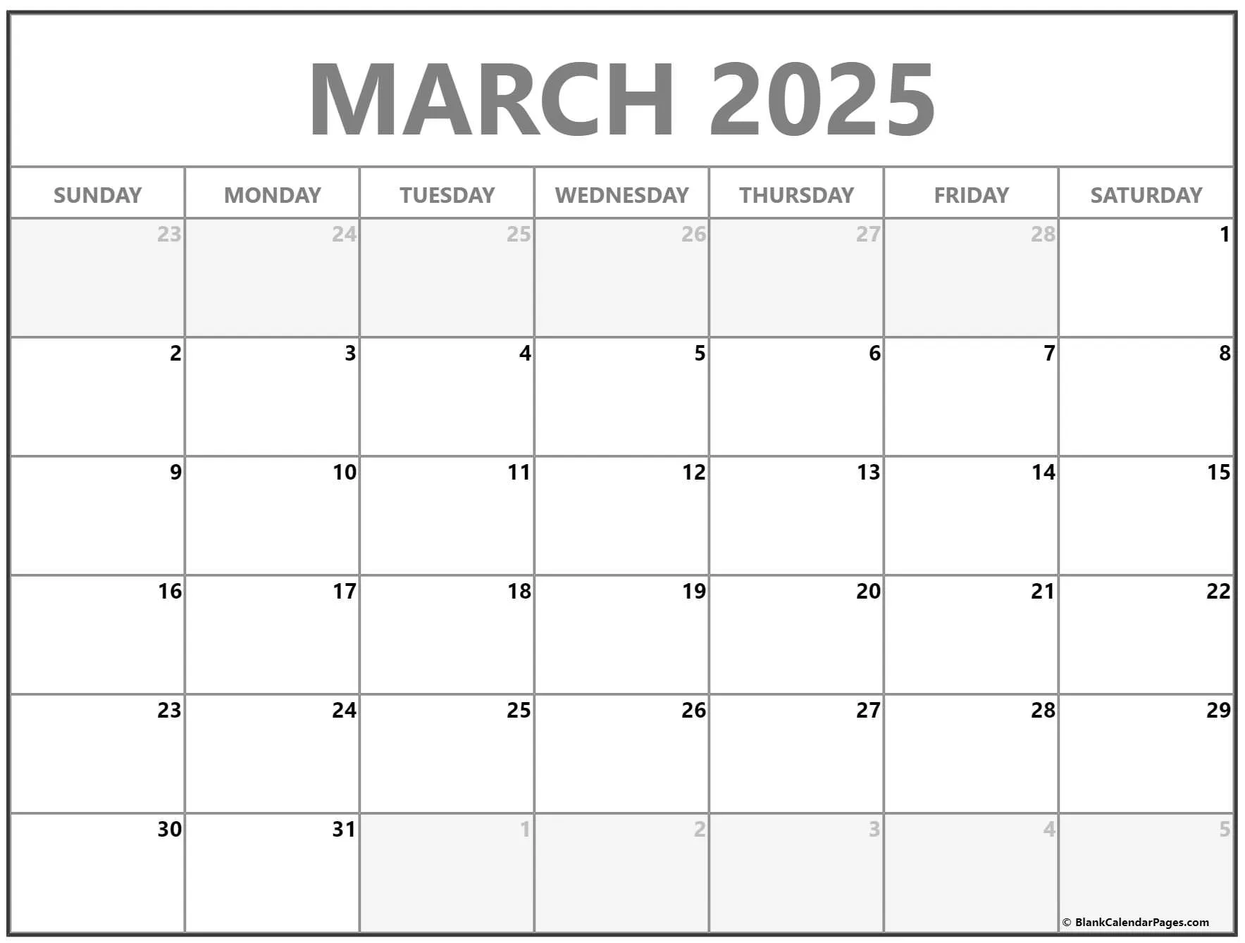Blank calendar for March 2025
