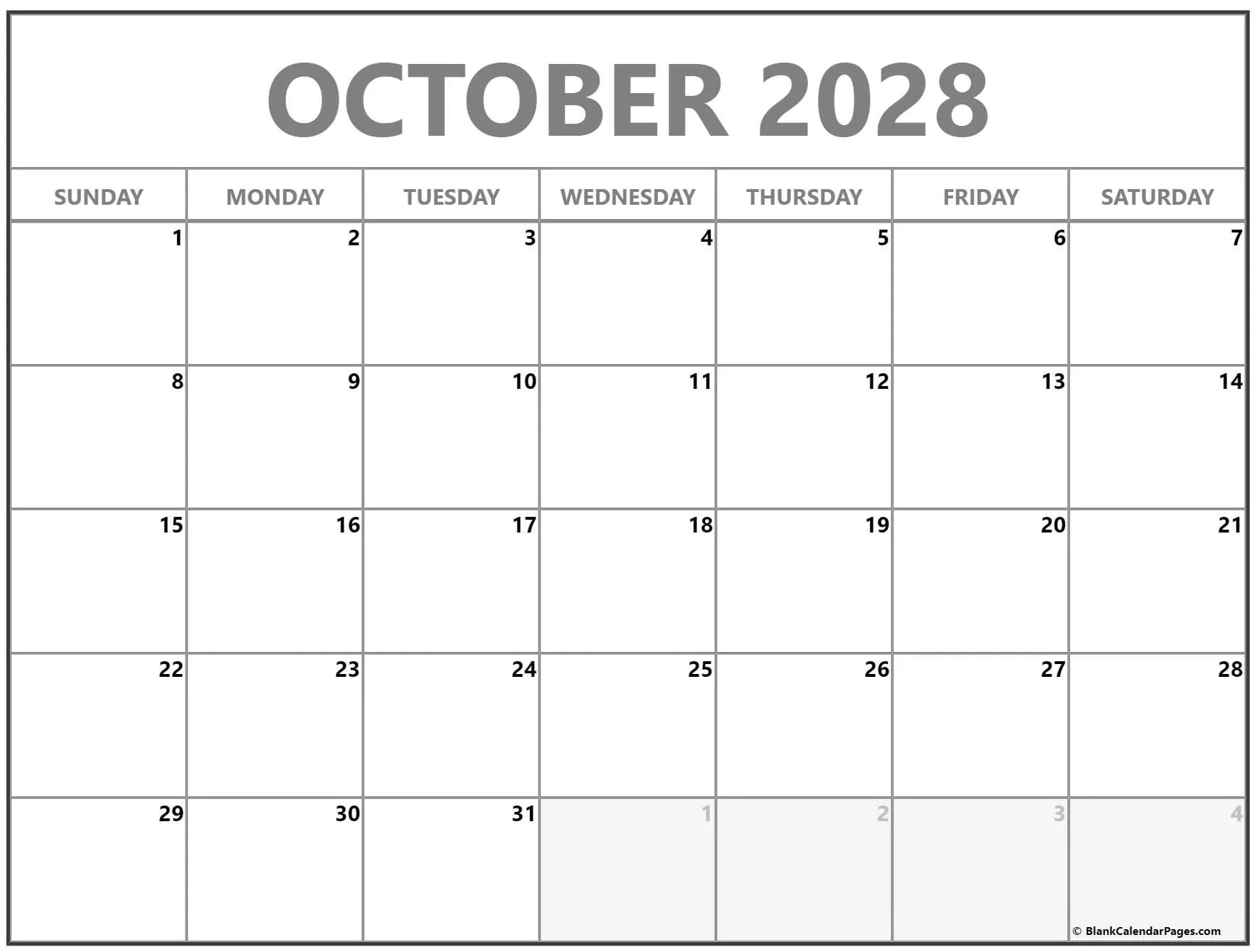 Blank calendar for October 2028