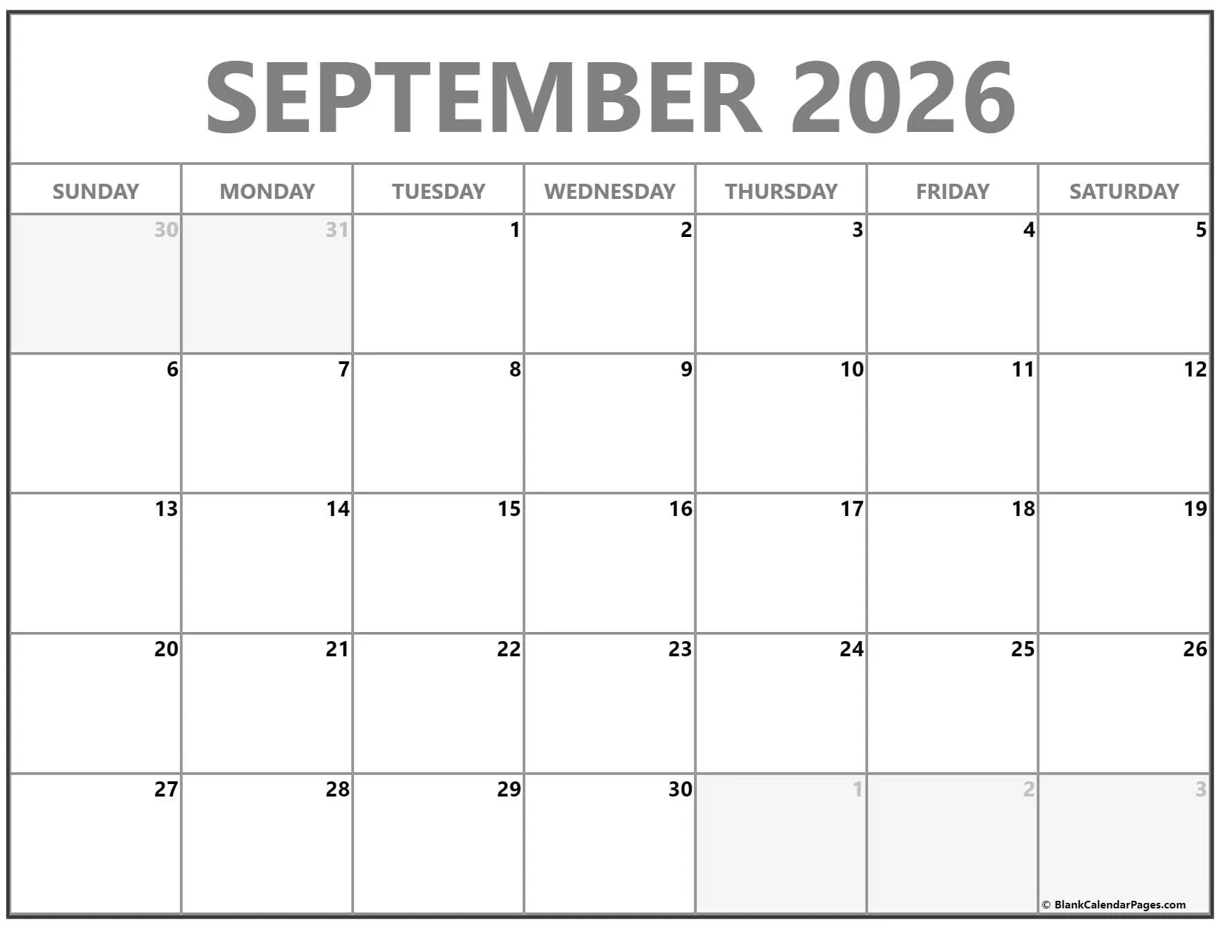 Blank calendar for September 2026