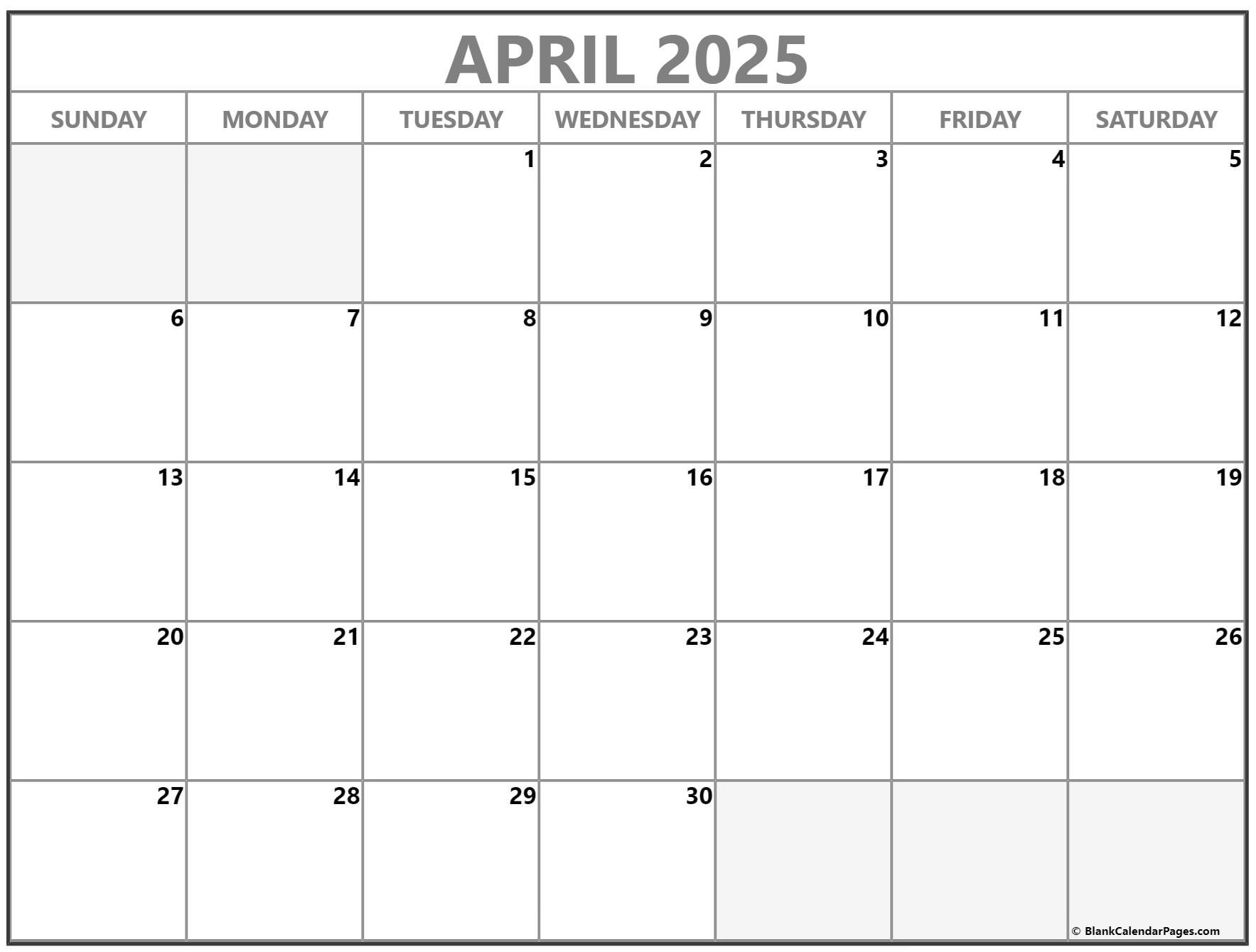 Blank Calendar 2025 Printable April