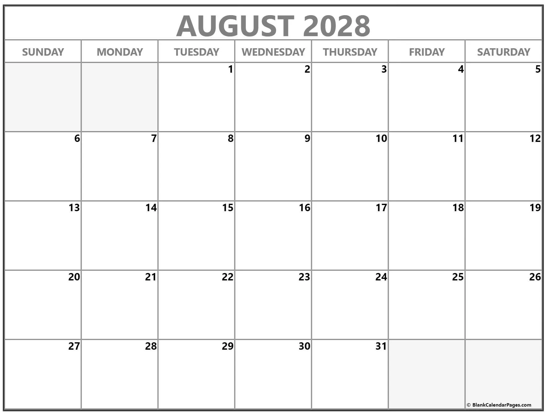 August 2028 printable blank calendar templates. Variation #2 August 2028 printable blank calendar templates