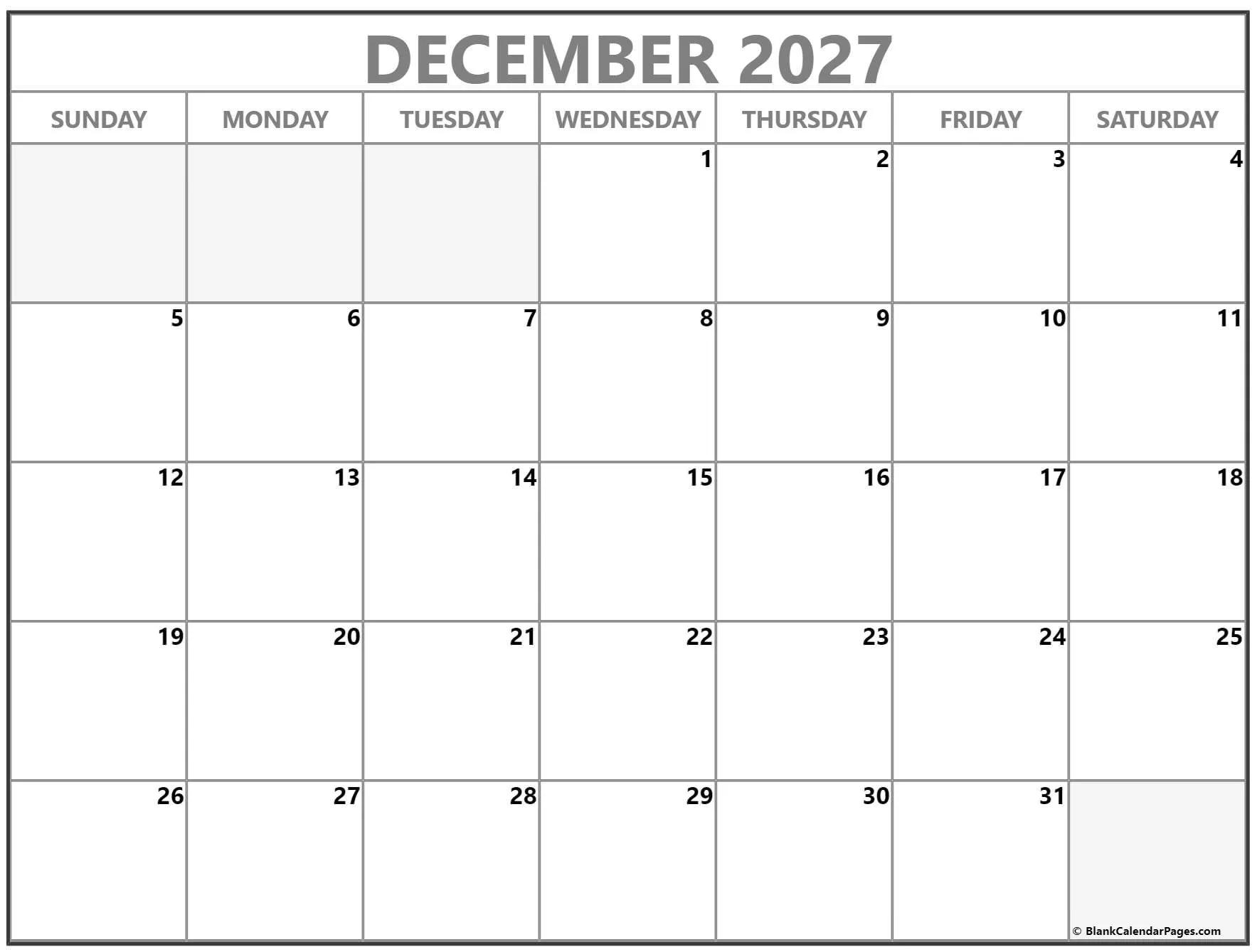 December 2027 printable blank calendar templates. Variation #2 December 2027 printable blank calendar templates