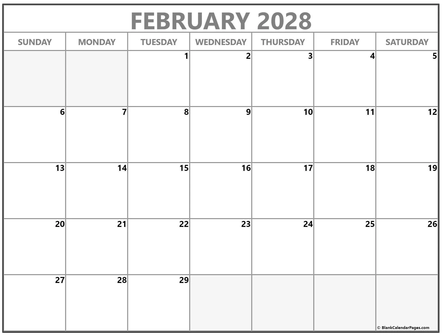 February 2028 printable blank calendar templates. Variation #2 February 2028 printable blank calendar templates