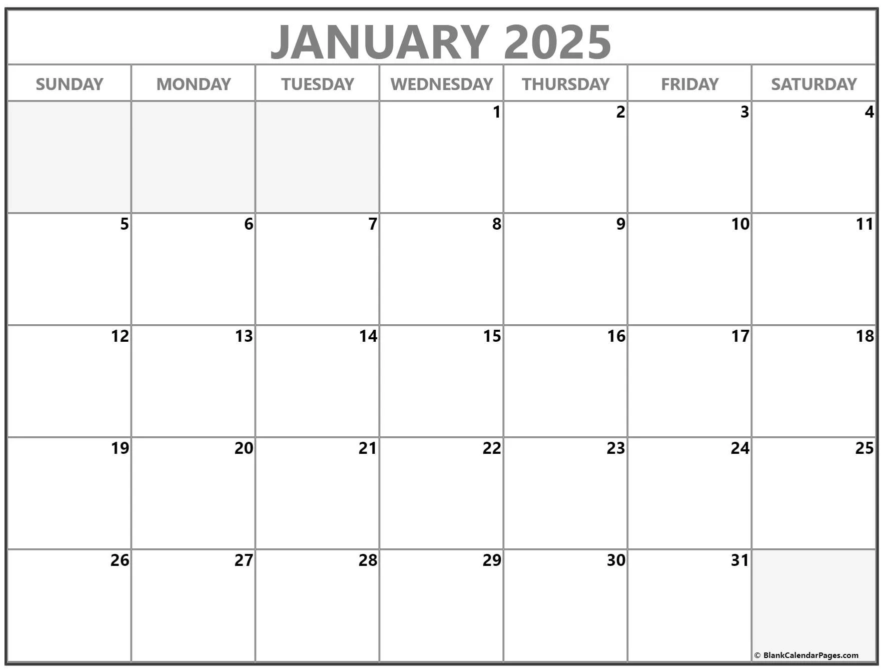 January 2025 printable blank calendar templates. Variation #2 January 2025 printable blank calendar templates