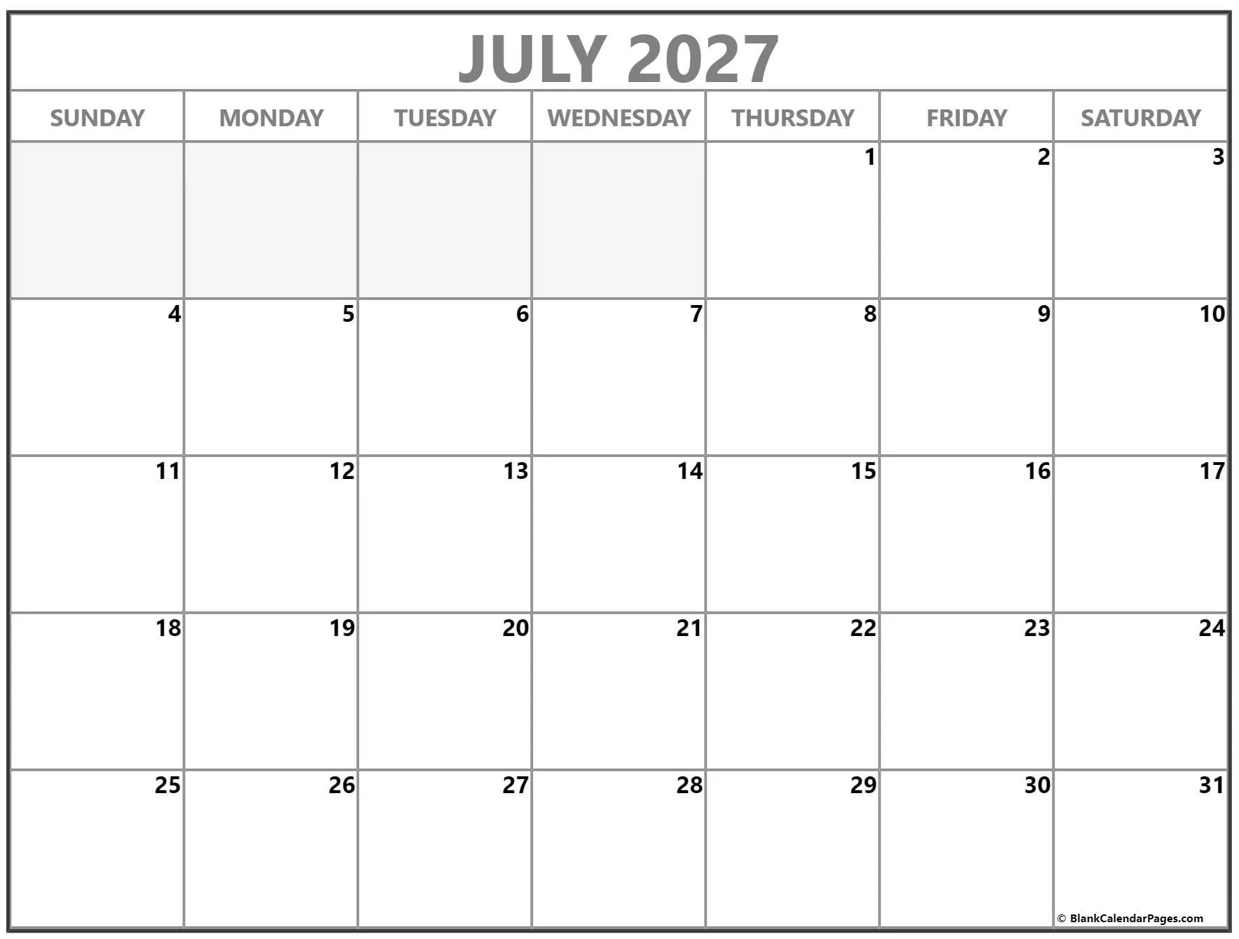 July 2027 printable blank calendar templates. Variation #2 July 2027 printable blank calendar templates