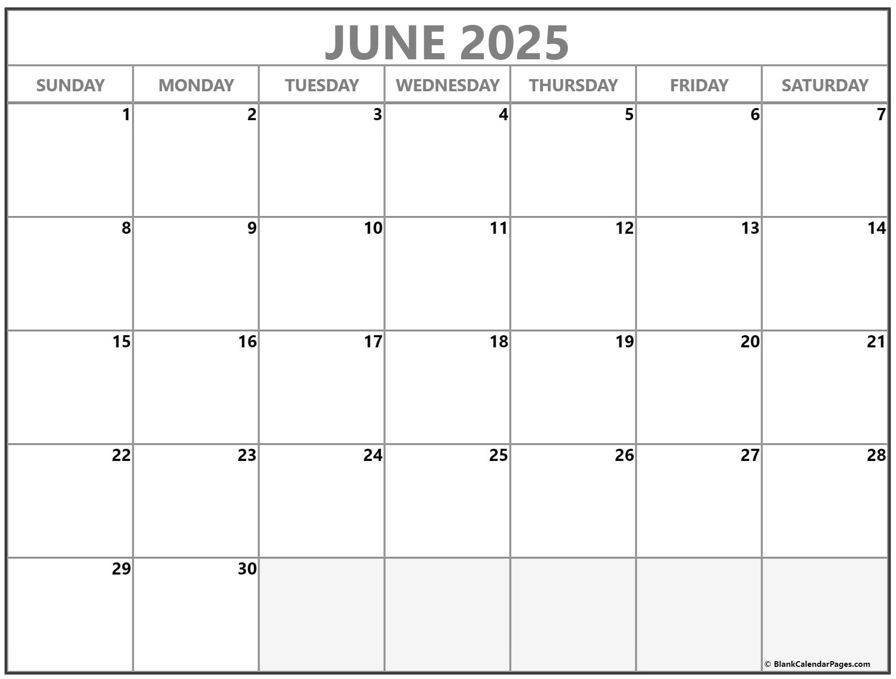 2025 June Calendar Print Out Blank Pages 