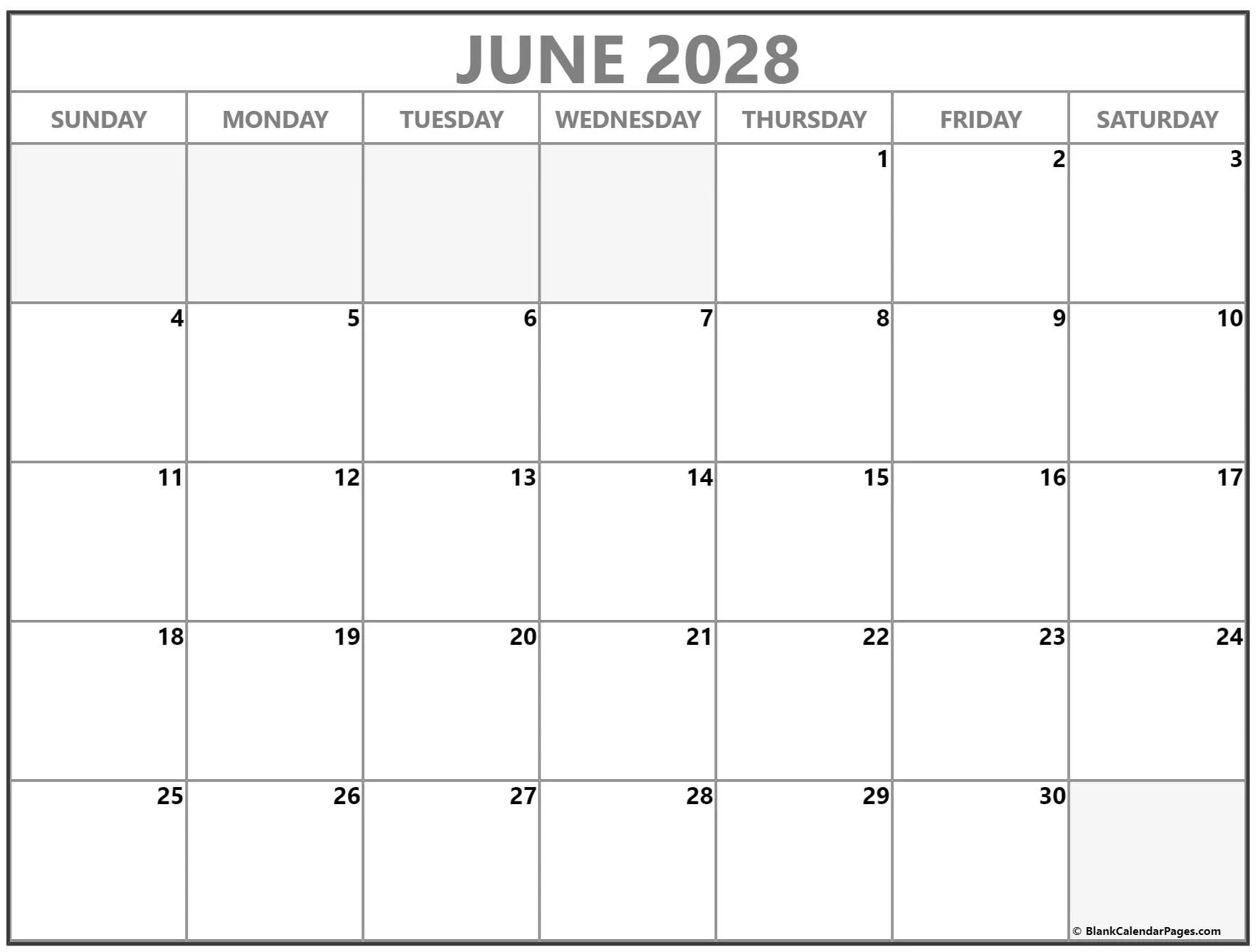 June 2028 printable blank calendar templates. Variation #2 June 2028 printable blank calendar templates