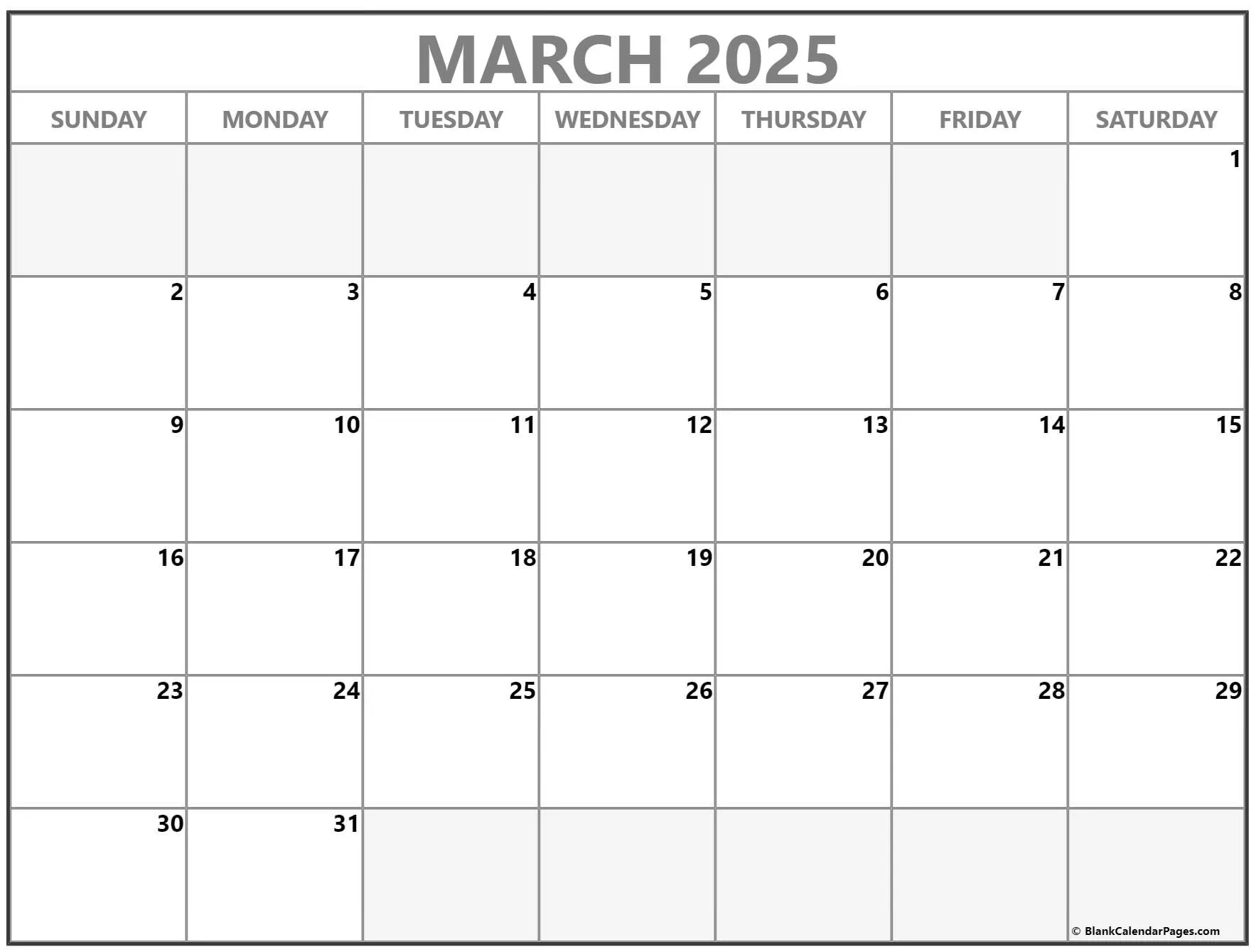 March 2025 printable blank calendar templates. Variation #2 March 2025 printable blank calendar templates