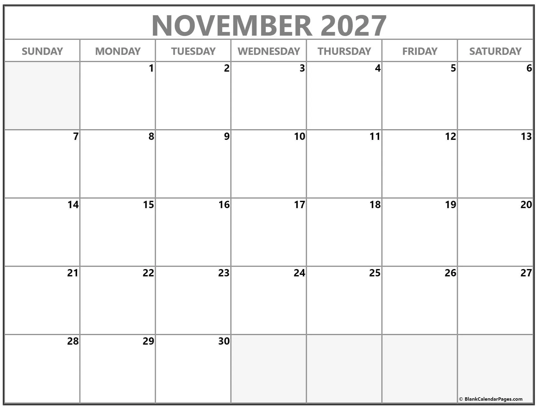 November 2027 printable blank calendar templates. Variation #2 November 2027 printable blank calendar templates