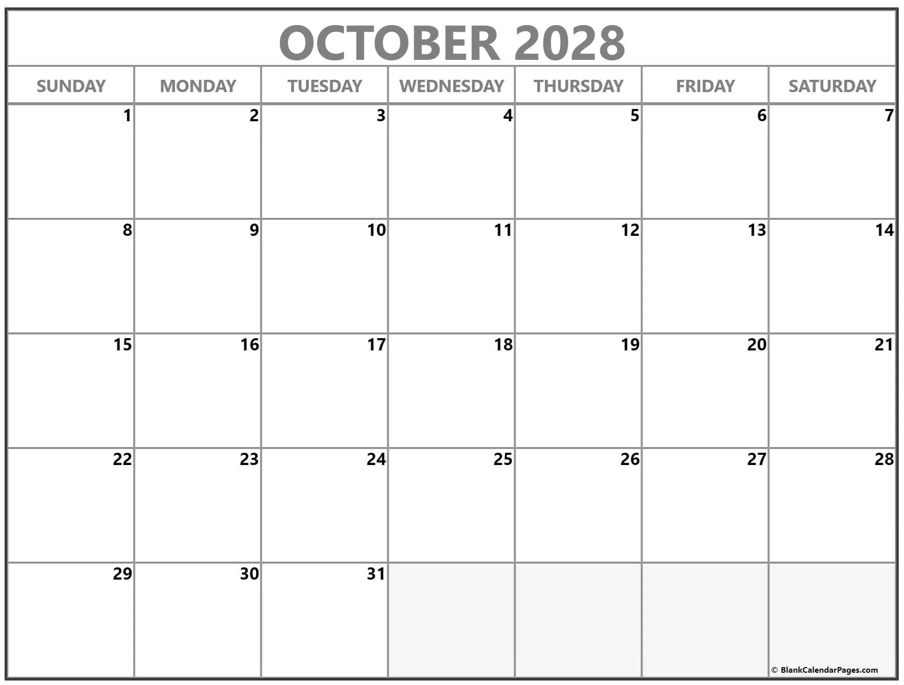 October 2028 printable blank calendar templates. Variation #2 October 2028 printable blank calendar templates