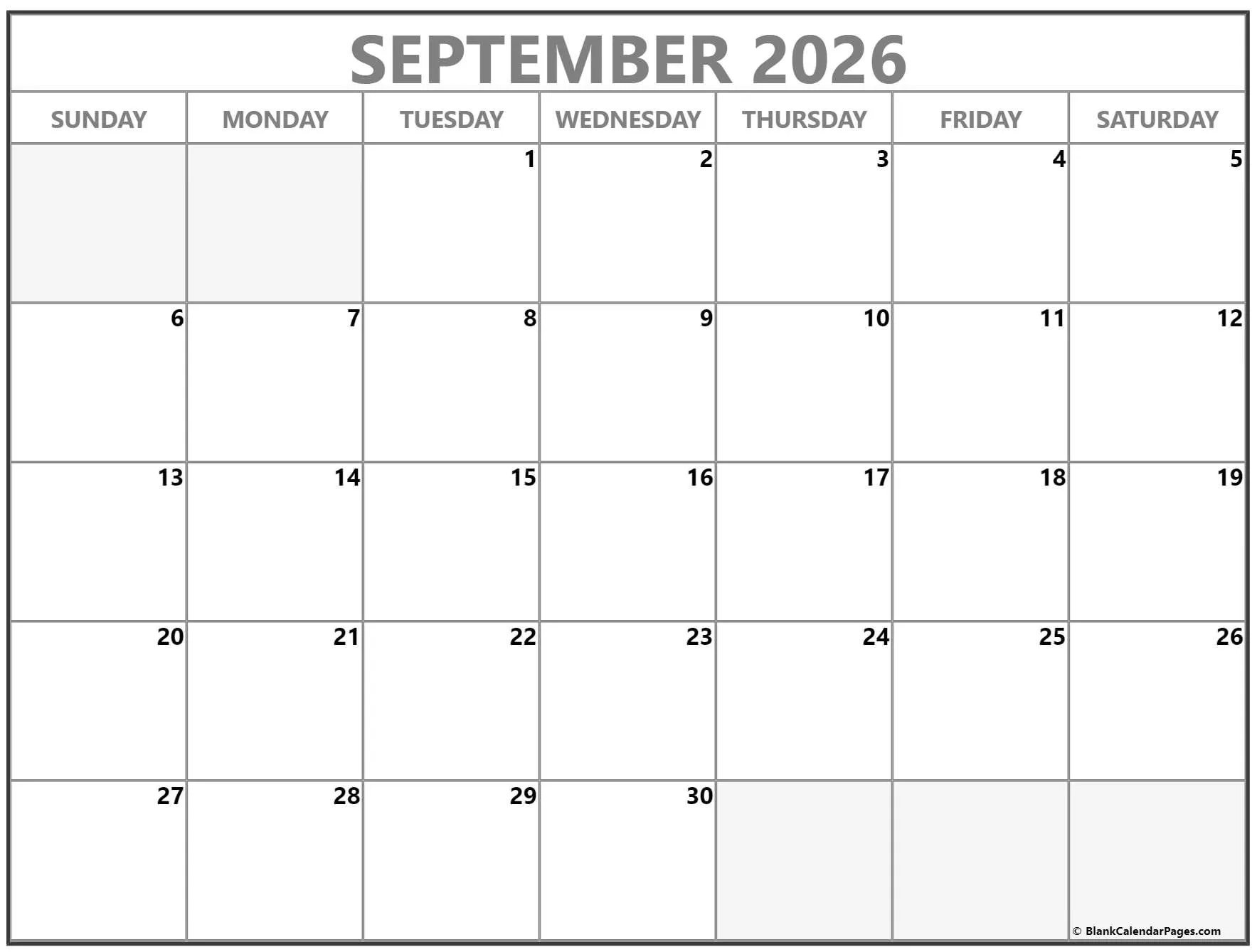 September 2026 printable blank calendar templates