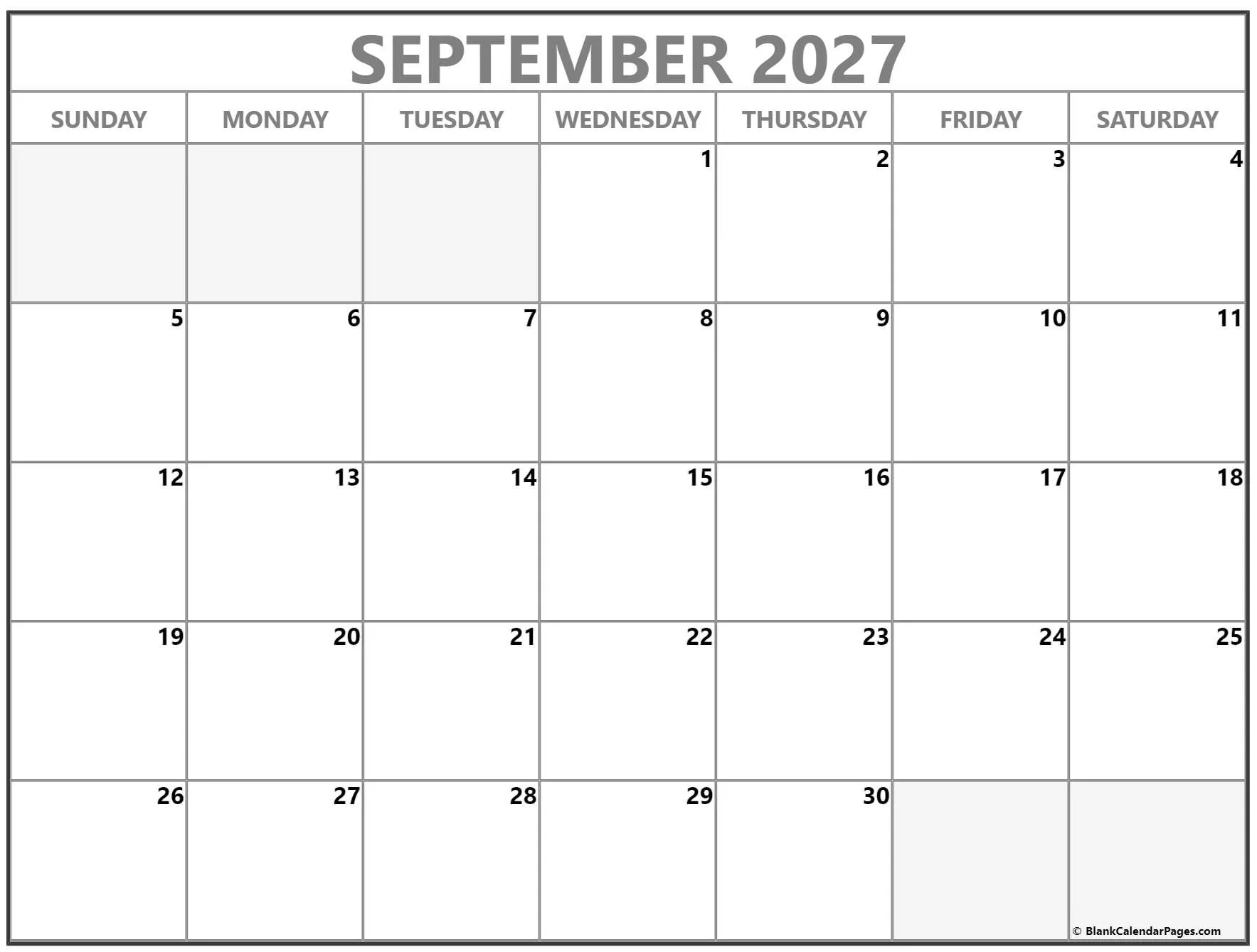 September 2027 printable blank calendar templates. Variation #2 September 2027 printable blank calendar templates