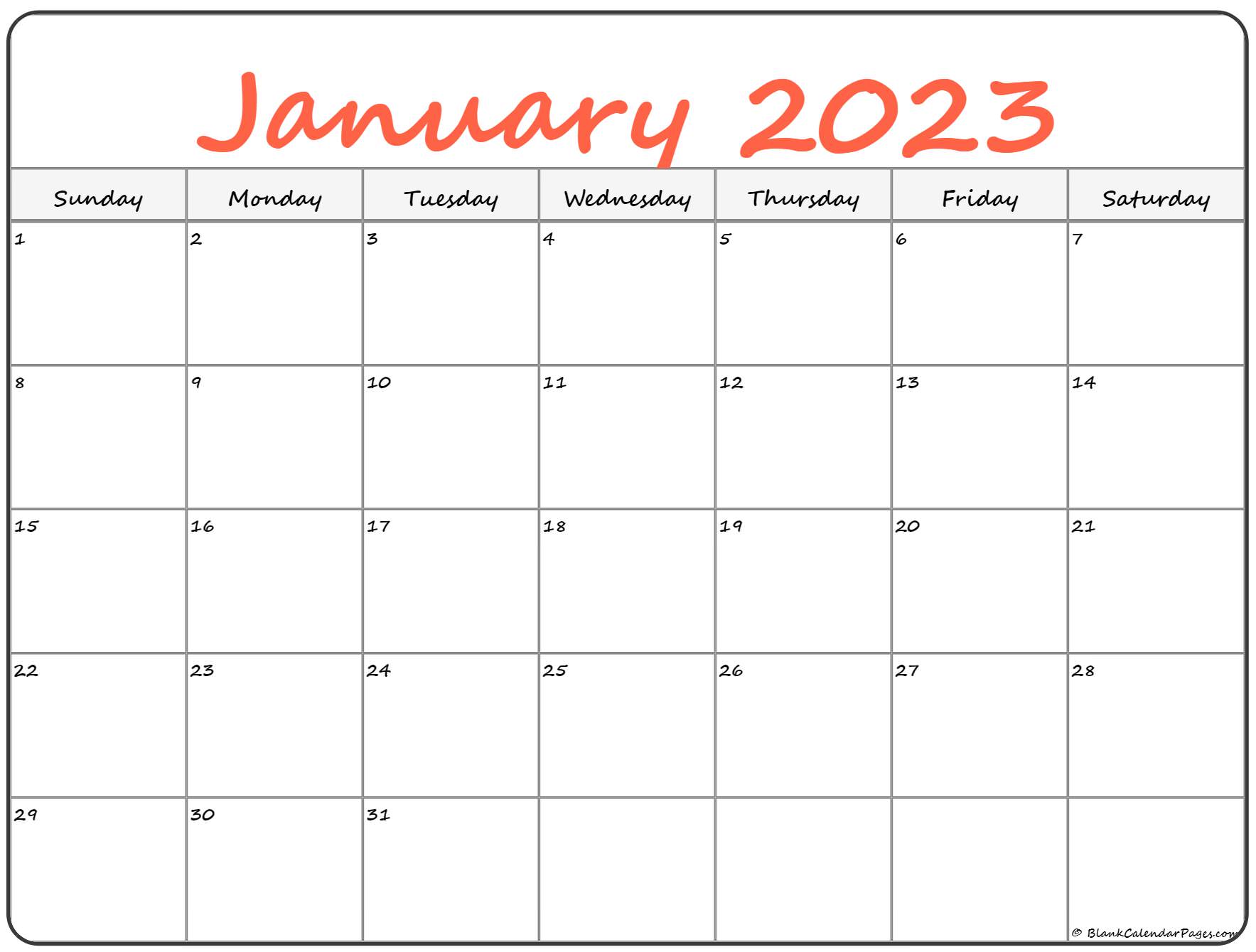 Printable Monthly Calendar January 2023 Free