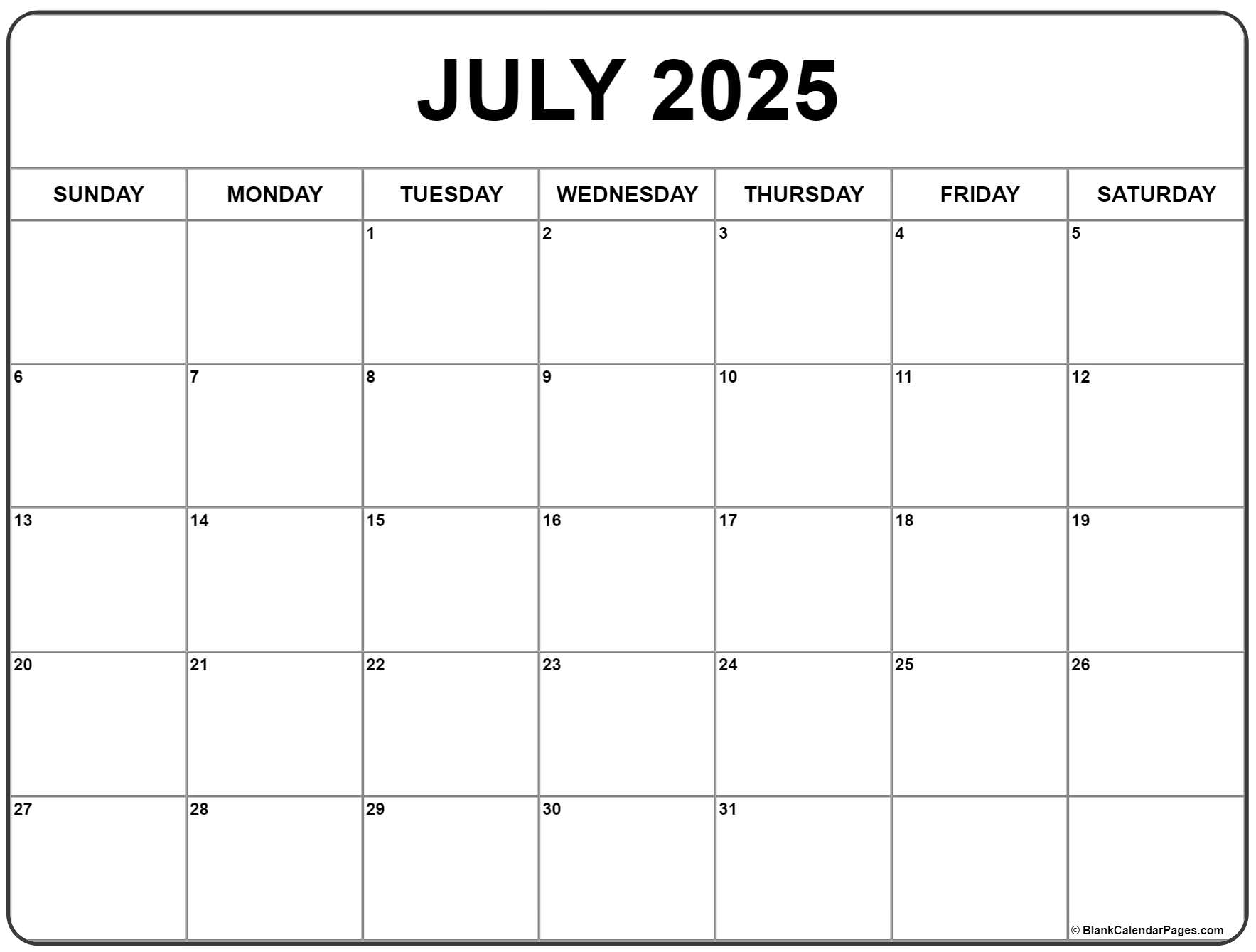 Printable Large Size 2025 Blank July Calendar