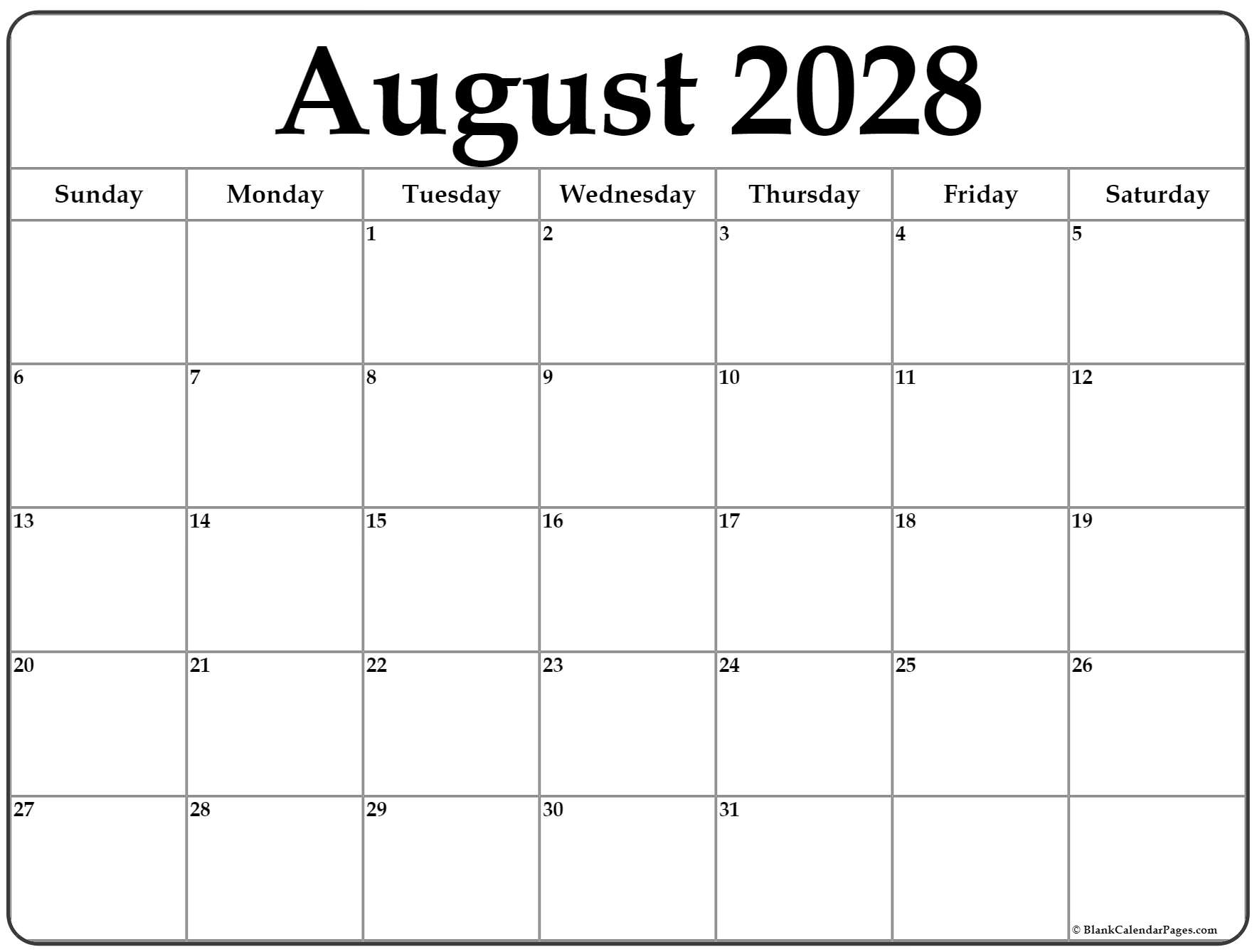 August 2028 free printable calendar