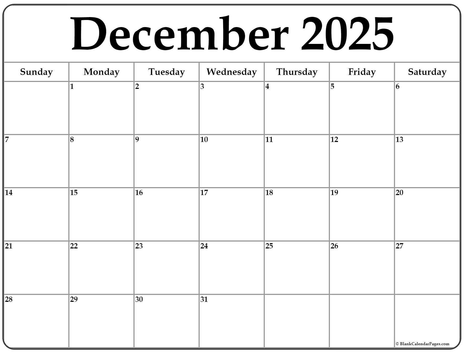 December 2025 Calendar Online 