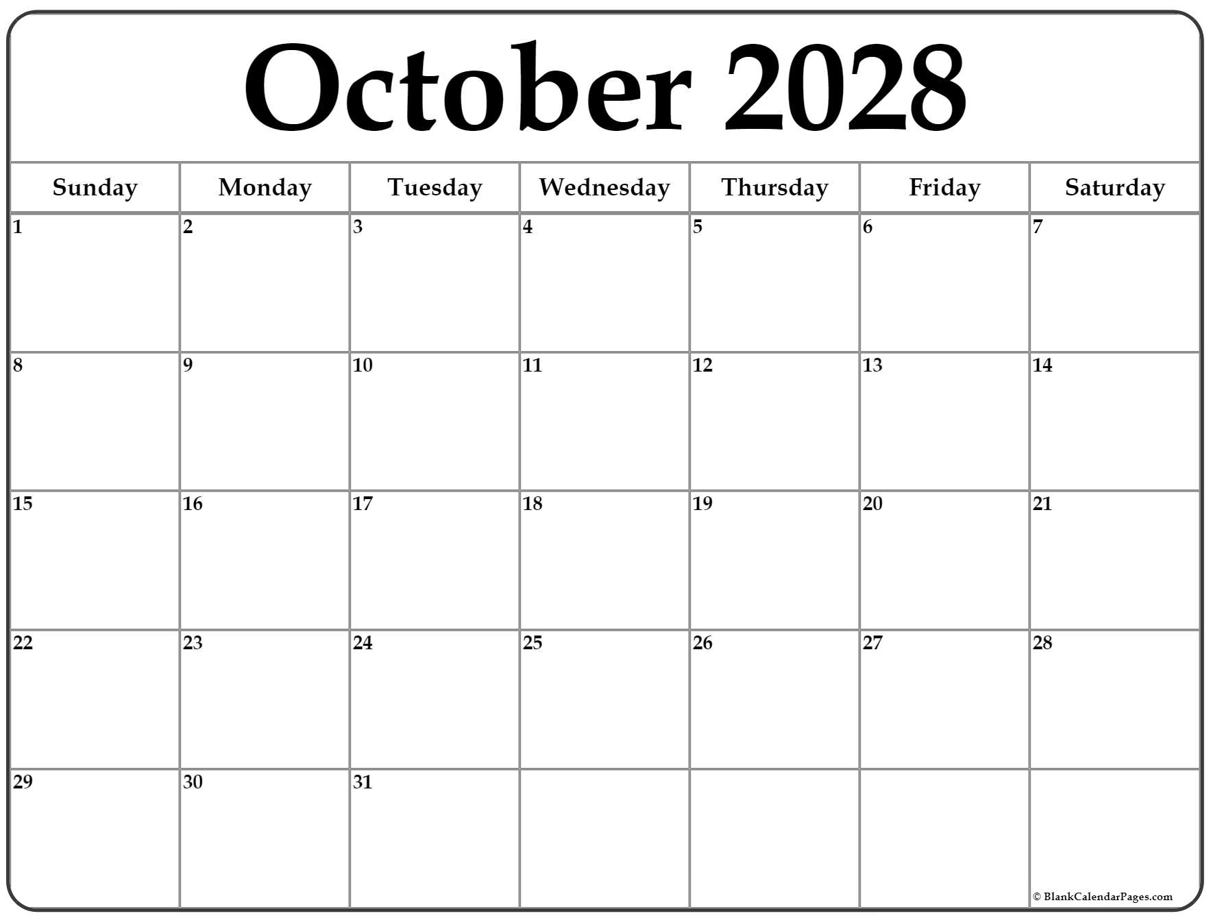 October 2028 free printable calendar
