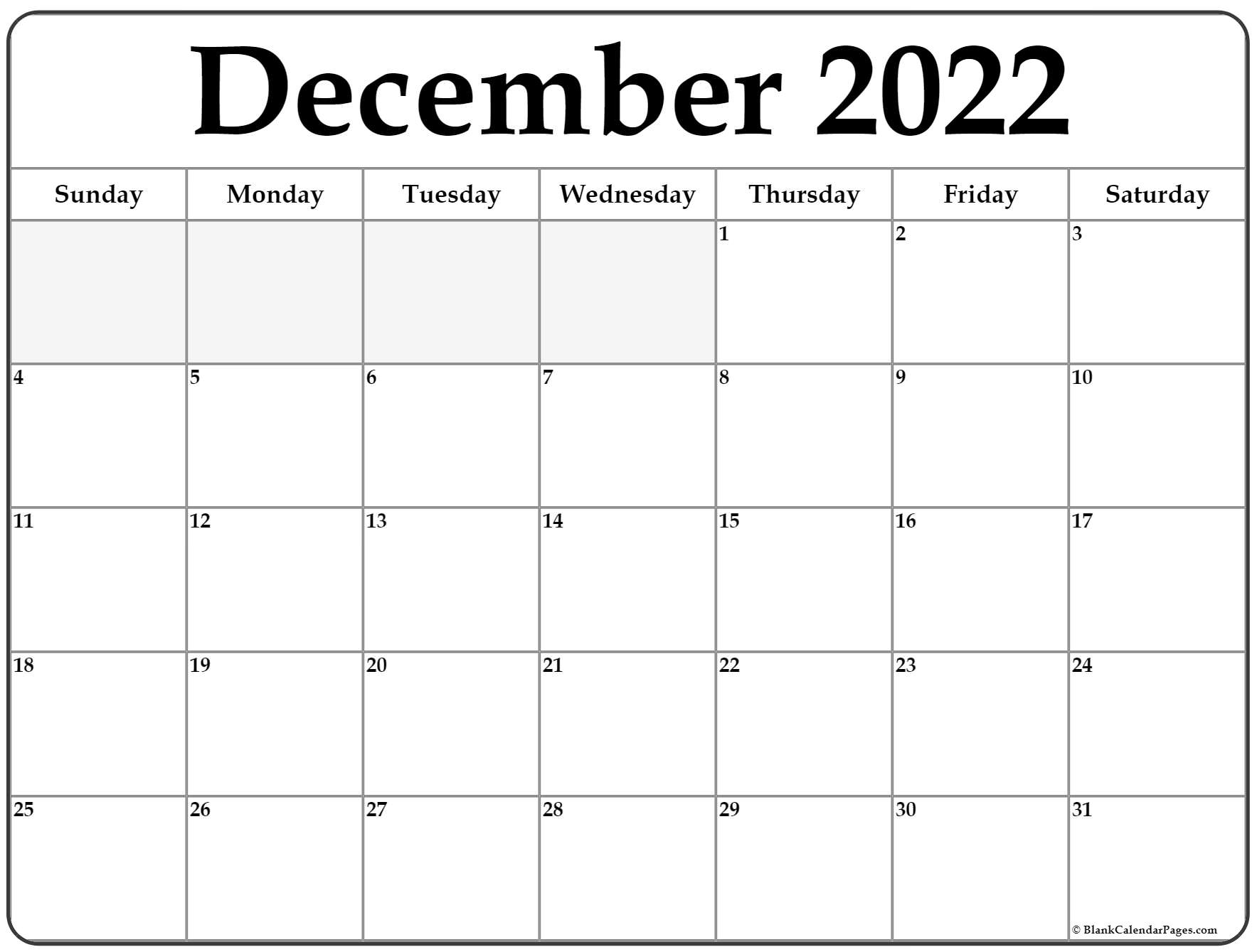 Blank Printable Calendar December 2022 Printable Blank World