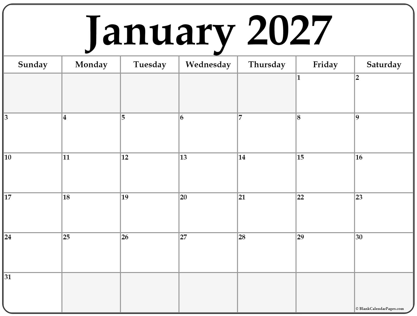 January 2027 Calendar Free Printable Calendar