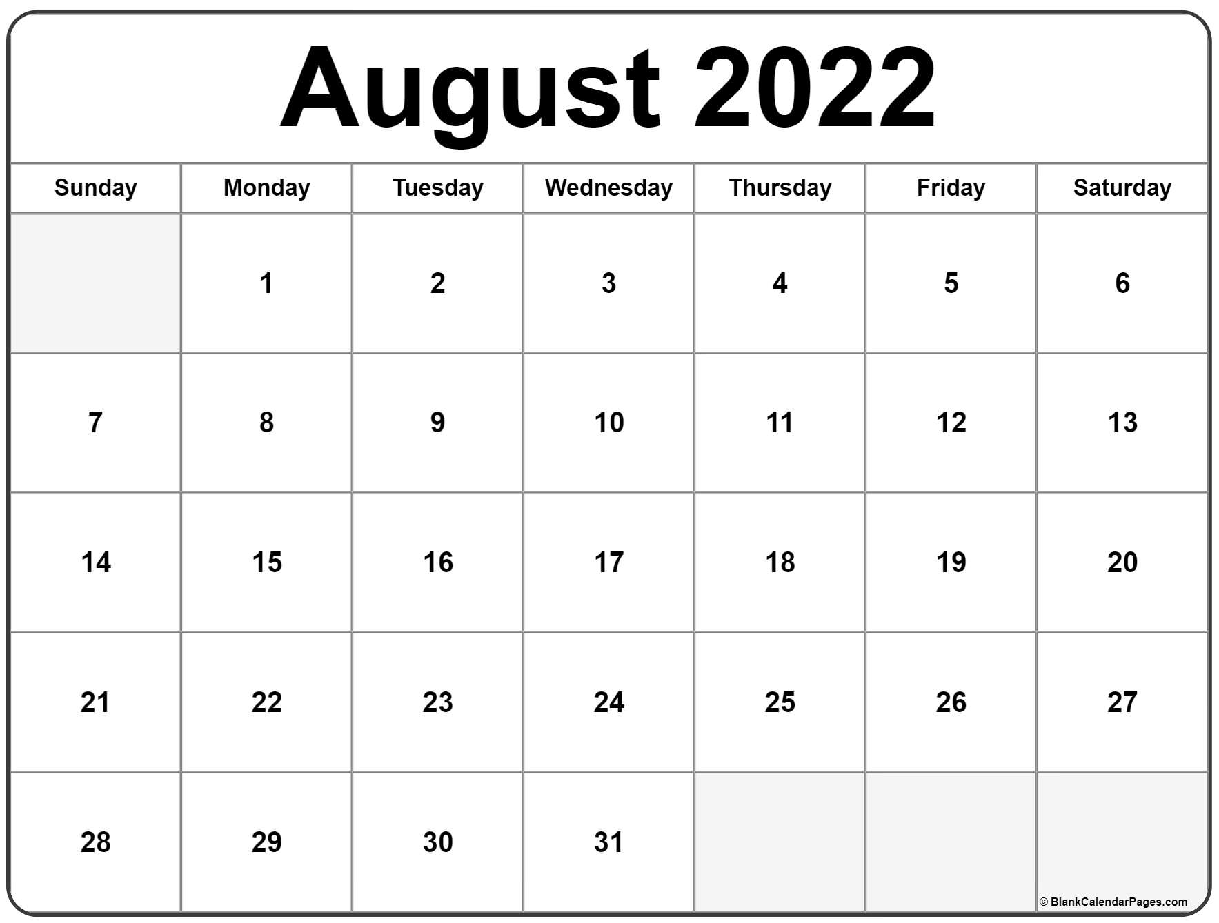 2022 Yearly Calendar Printable August