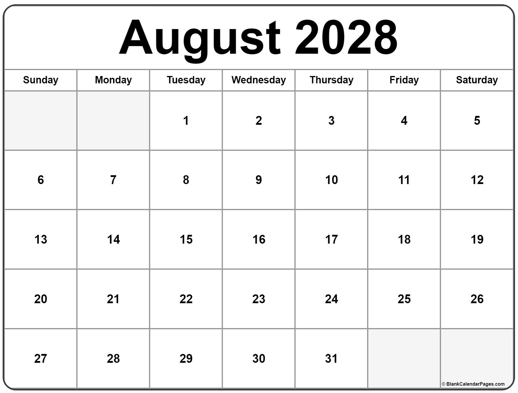 August 2028 monthly calendar print