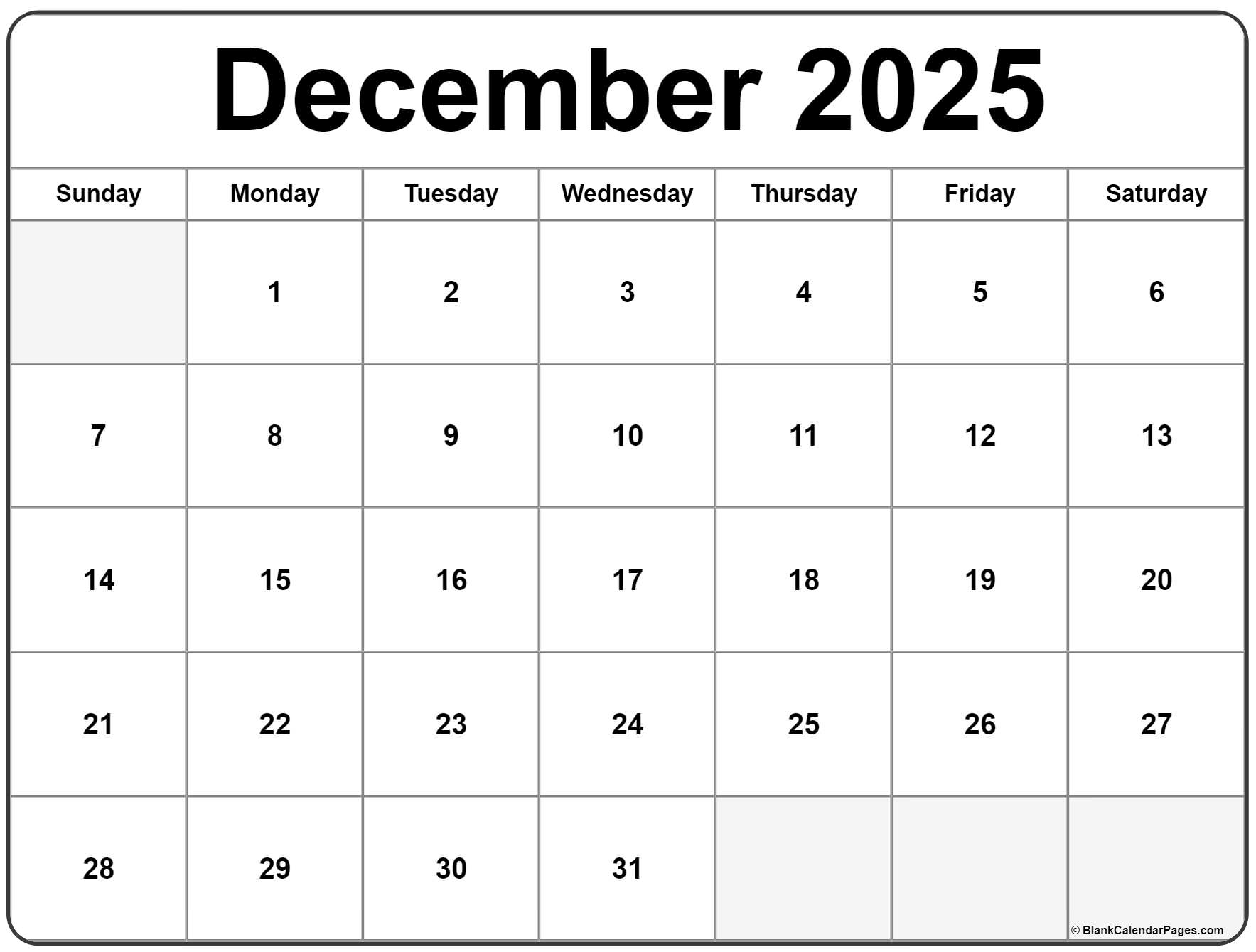 Free December 2025 Calendar Word Free